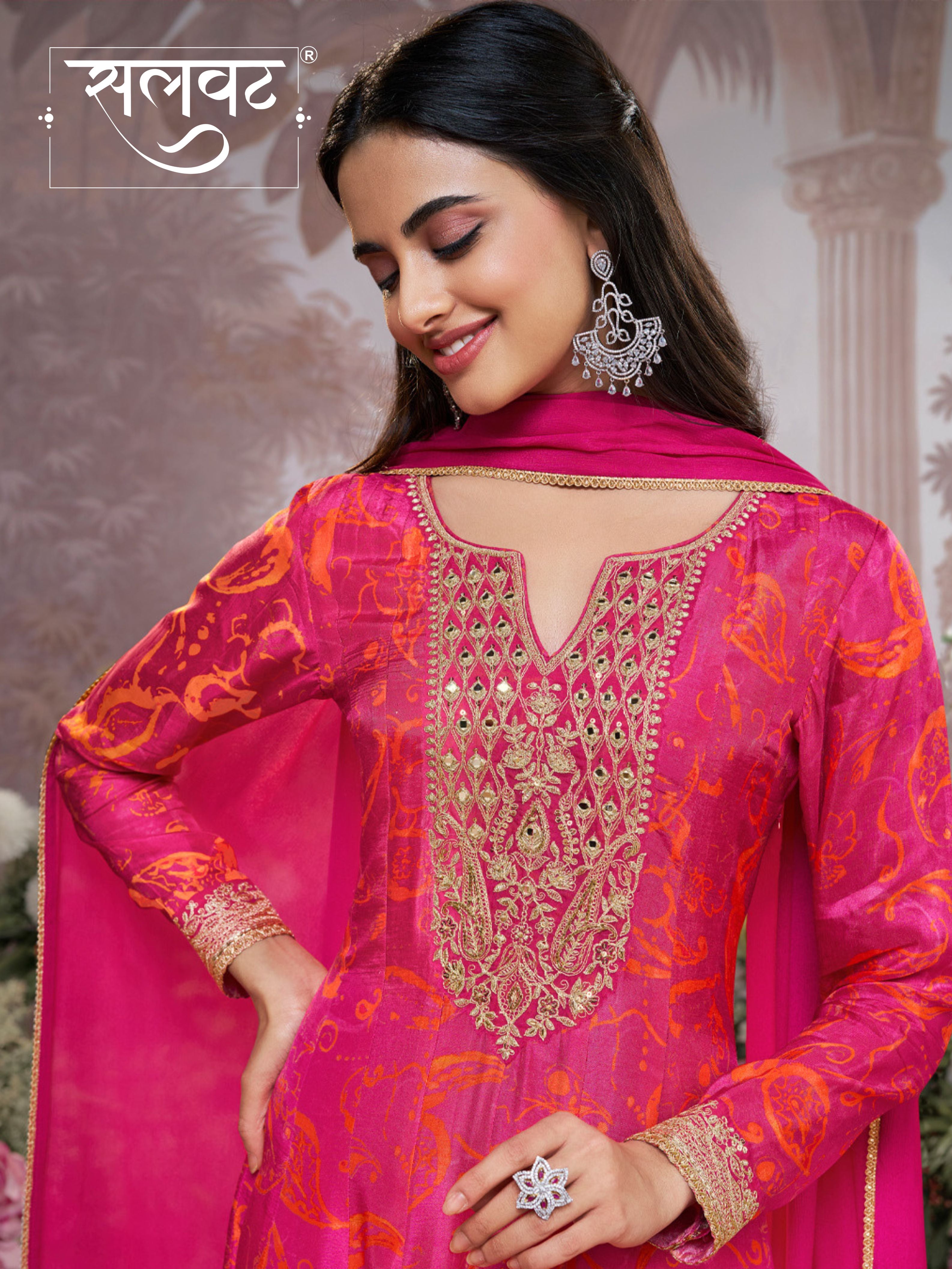 Pink Digital Printed Mirror Embroidered Anarkali Suit Set