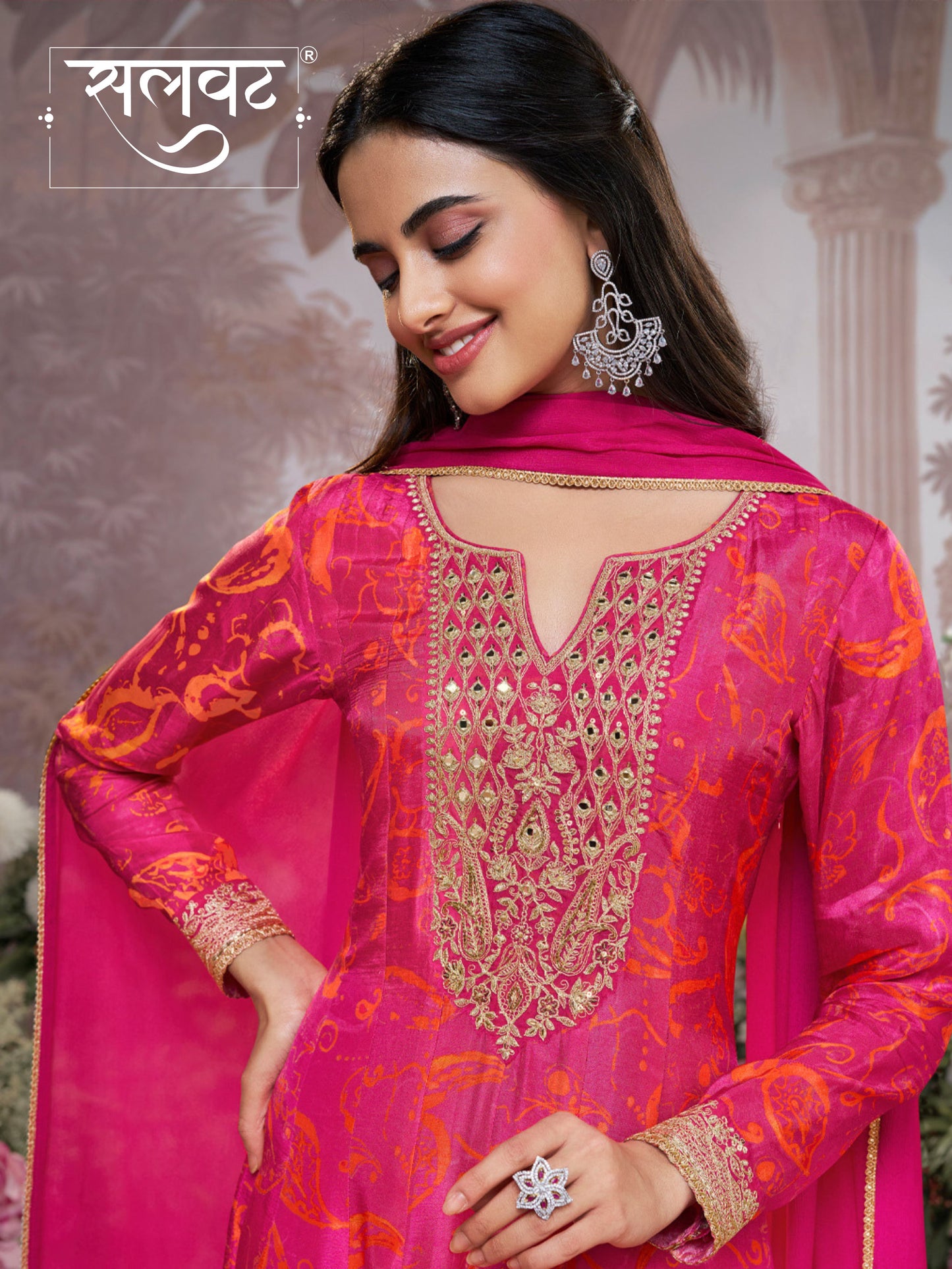 Pink Digital Printed Mirror Embroidered Anarkali Suit Set