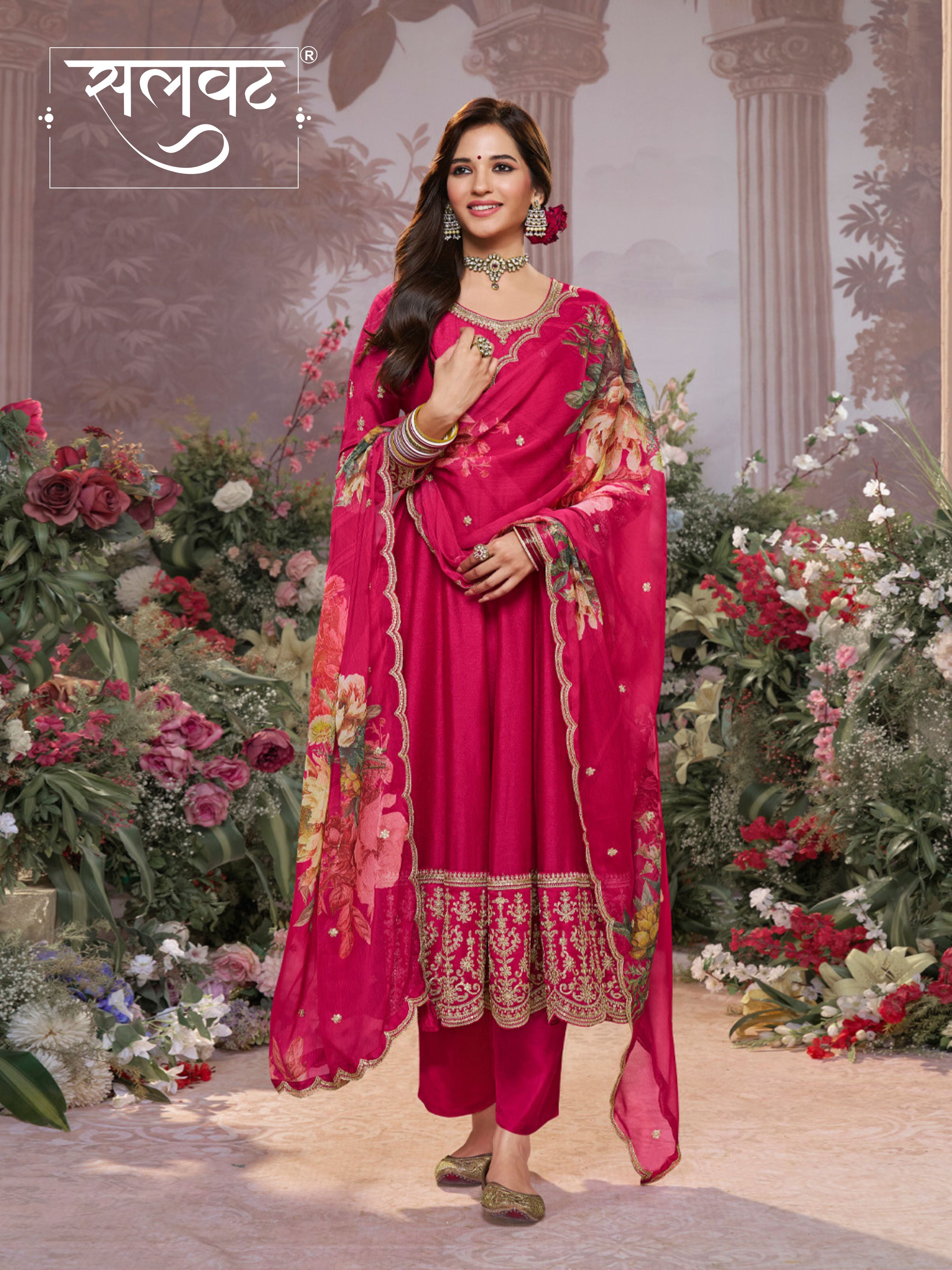 Pink Vichitra Silk Embroidered Anarkali Set with Digital Printed Chiffon Dupatta