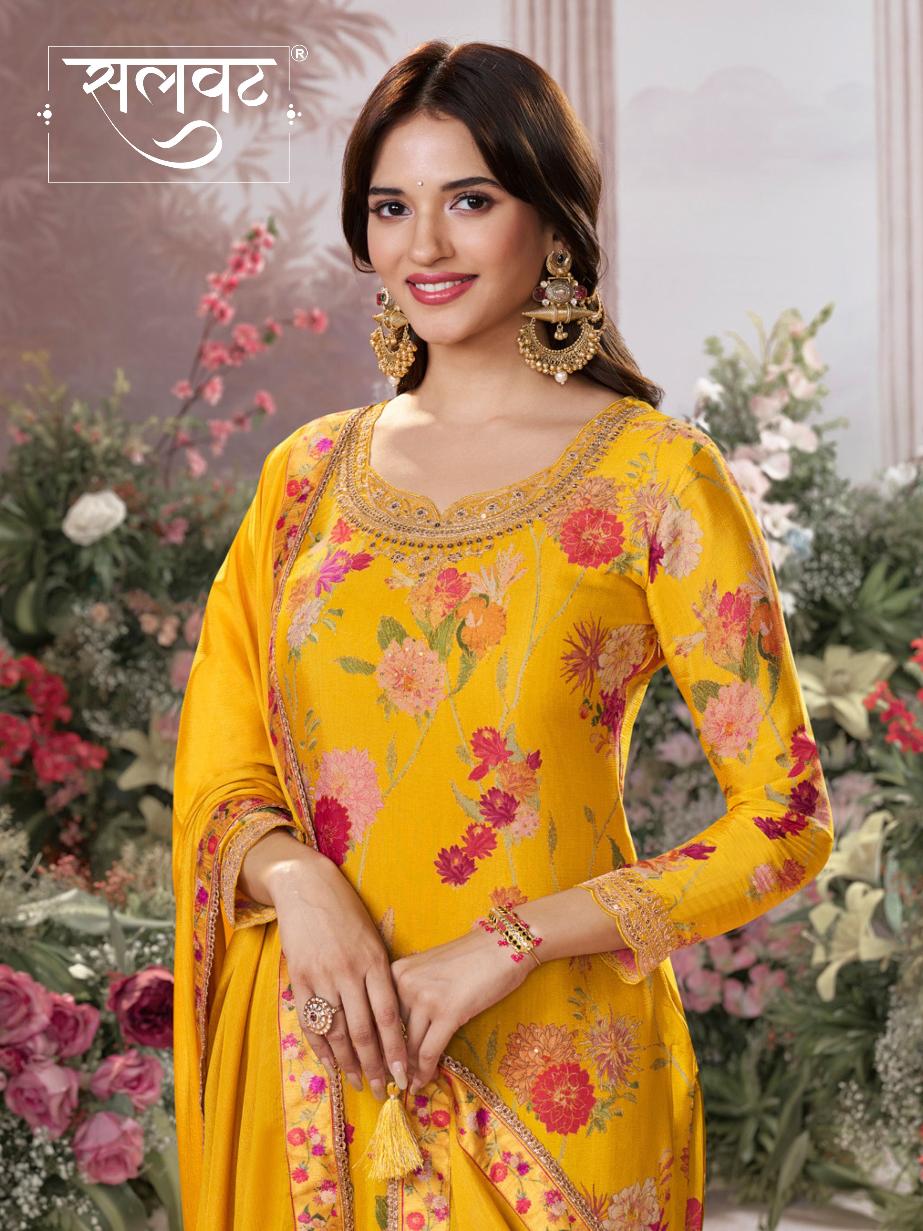 Yellow Chinon Sharara Set with Floral Print and Embroidery