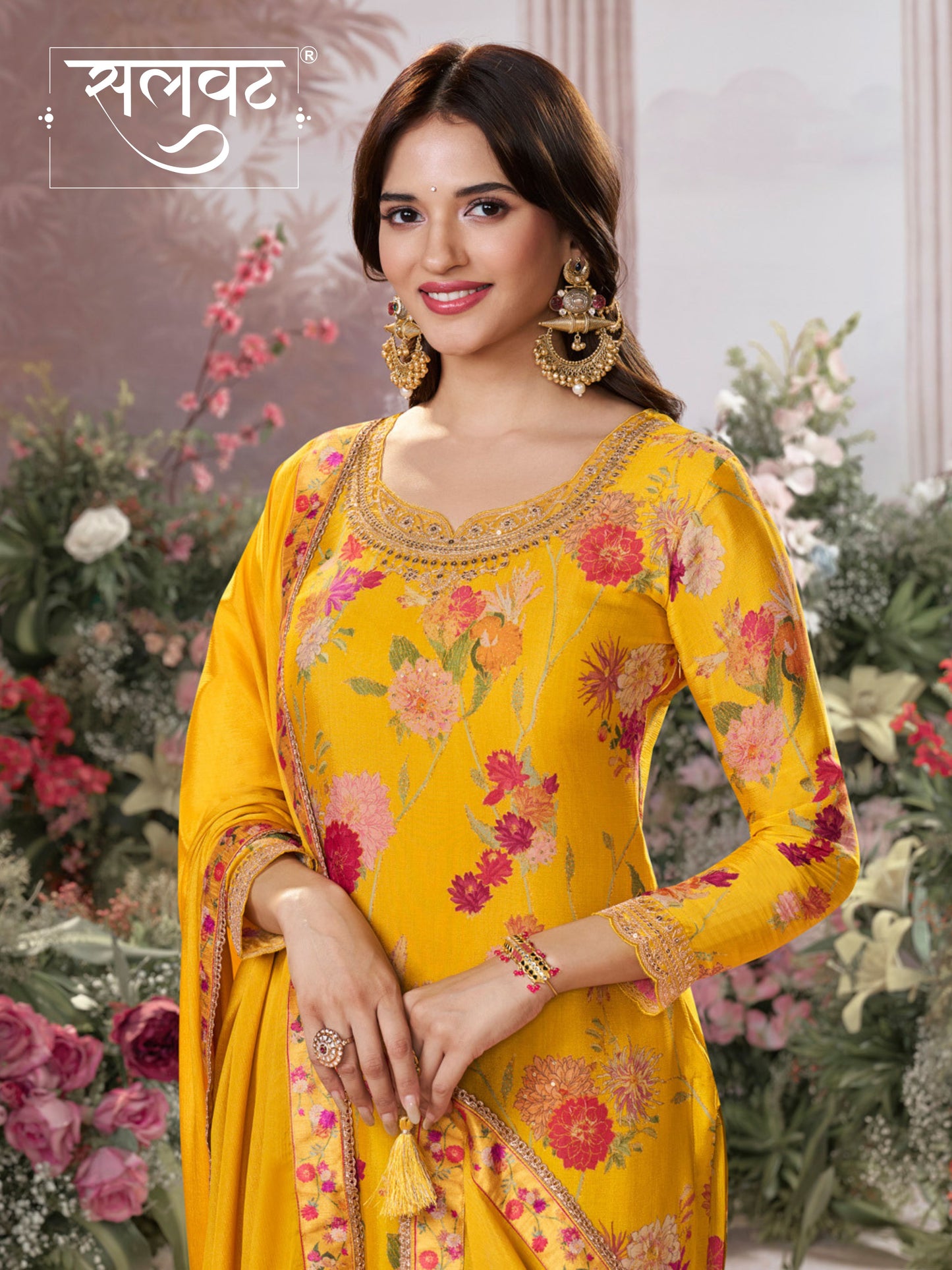 Yellow Chinon Sharara Set with Floral Print and Embroidery