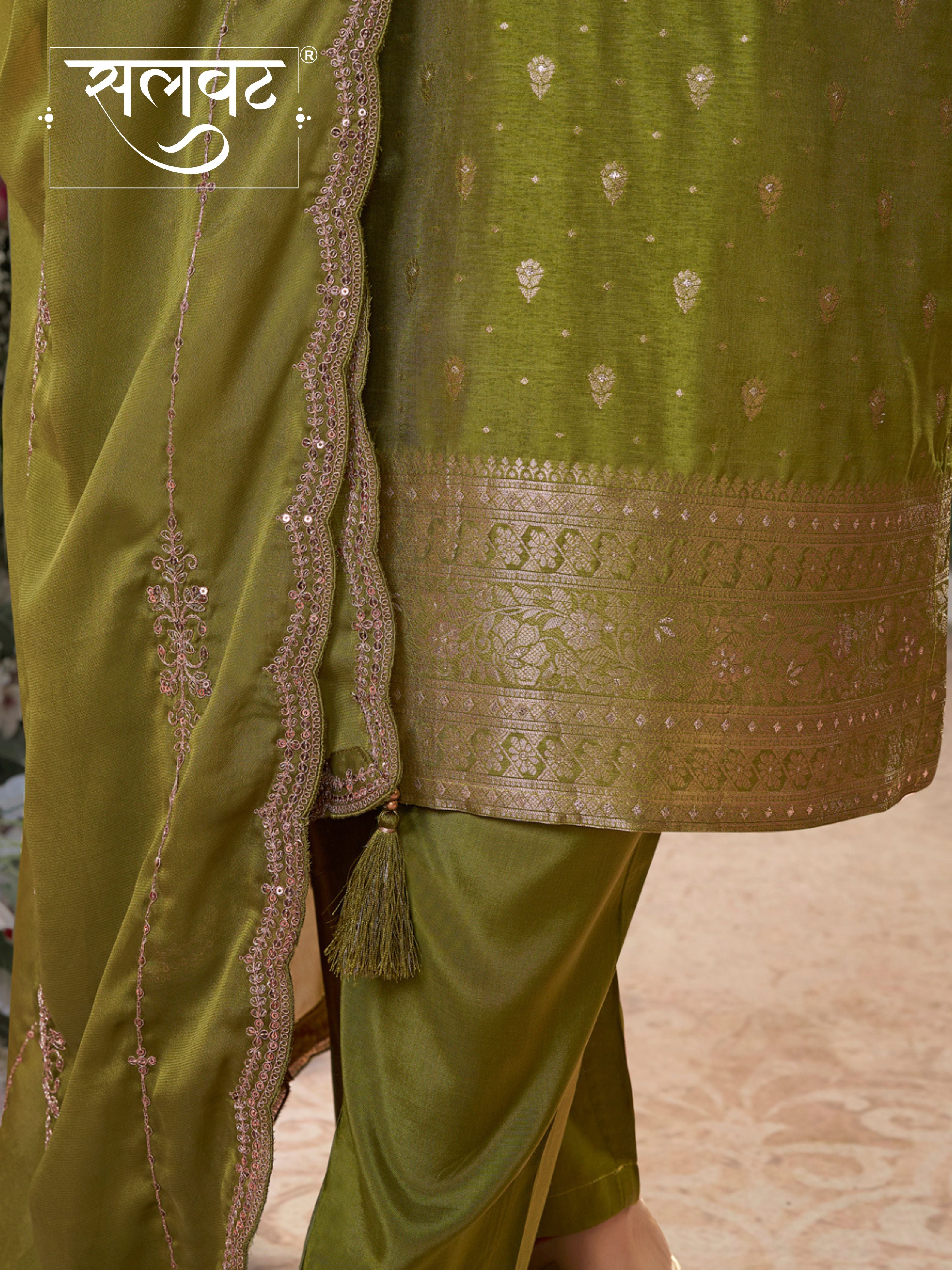 Olive Dola Silk Fabric Kurta with Embroidered & Jacquard Work Paired with Rangoli Fabric Dupatta with Patterned Sequins Work.