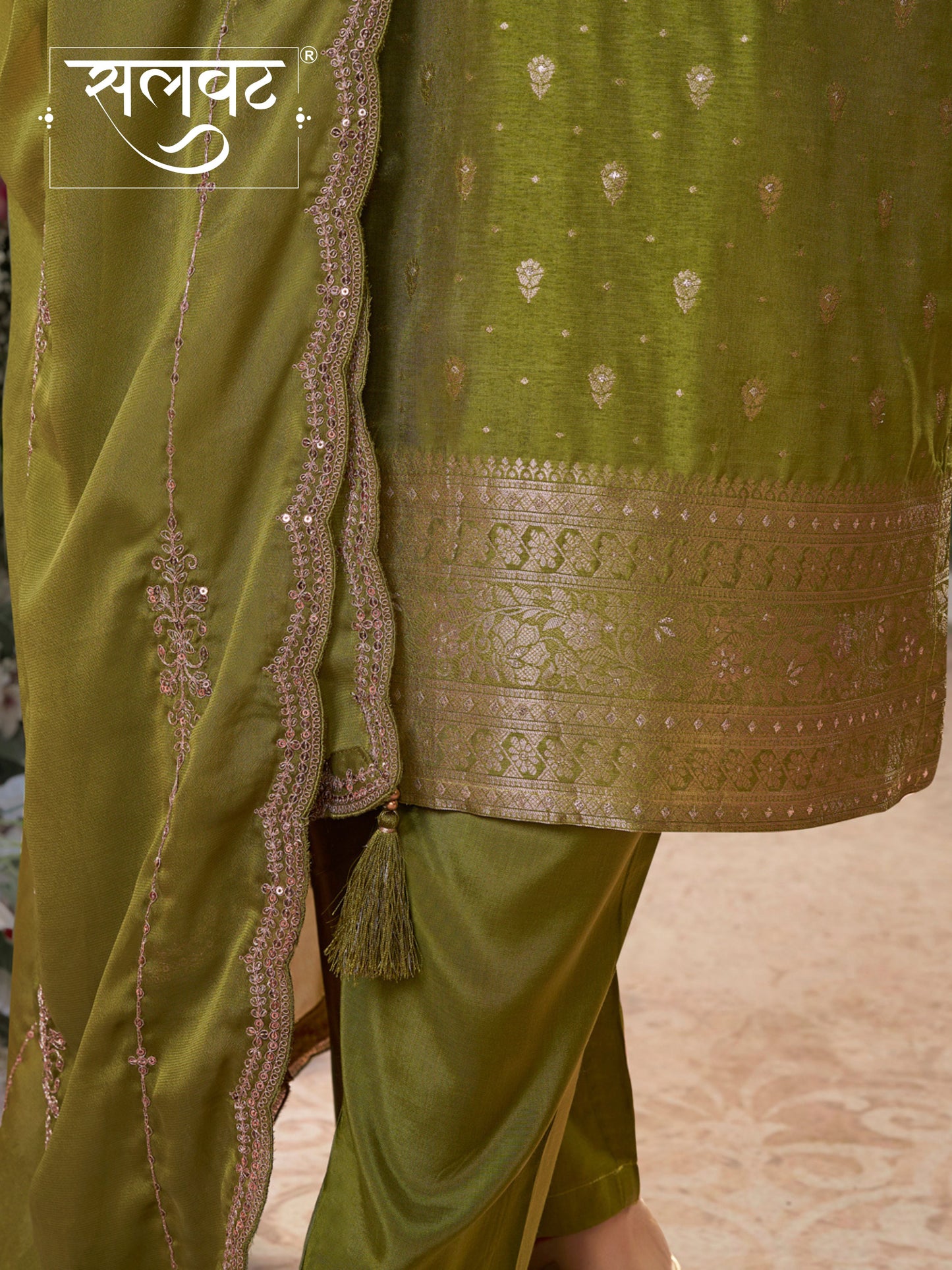 Olive Dola Silk Fabric Kurta with Embroidered & Jacquard Work Paired with Rangoli Fabric Dupatta with Patterned Sequins Work.