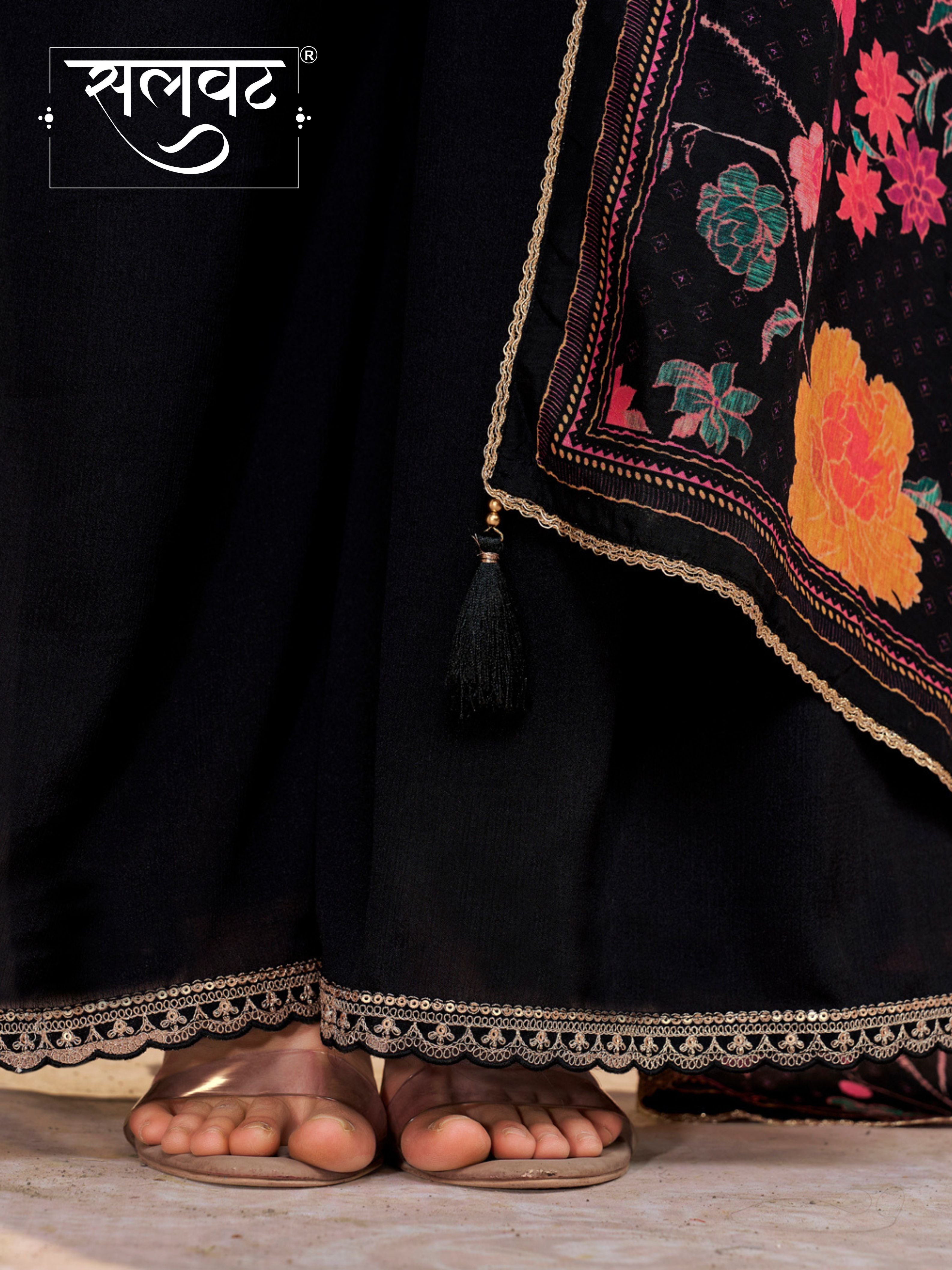 Black Chinon Kurta Set with Embroidered Work Paired with Digital Printed Dola Silk Dupatta