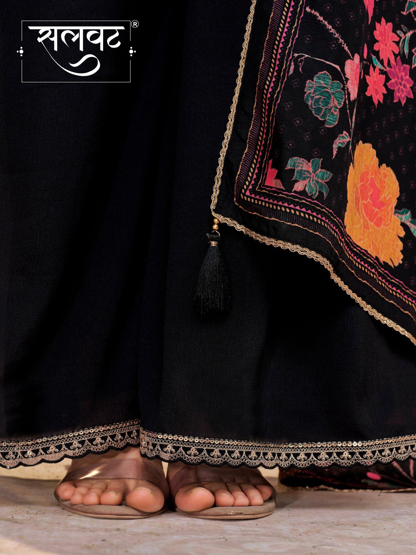 Black Chinon Kurta Set with Embroidered Work Paired with Digital Printed Dola Silk Dupatta