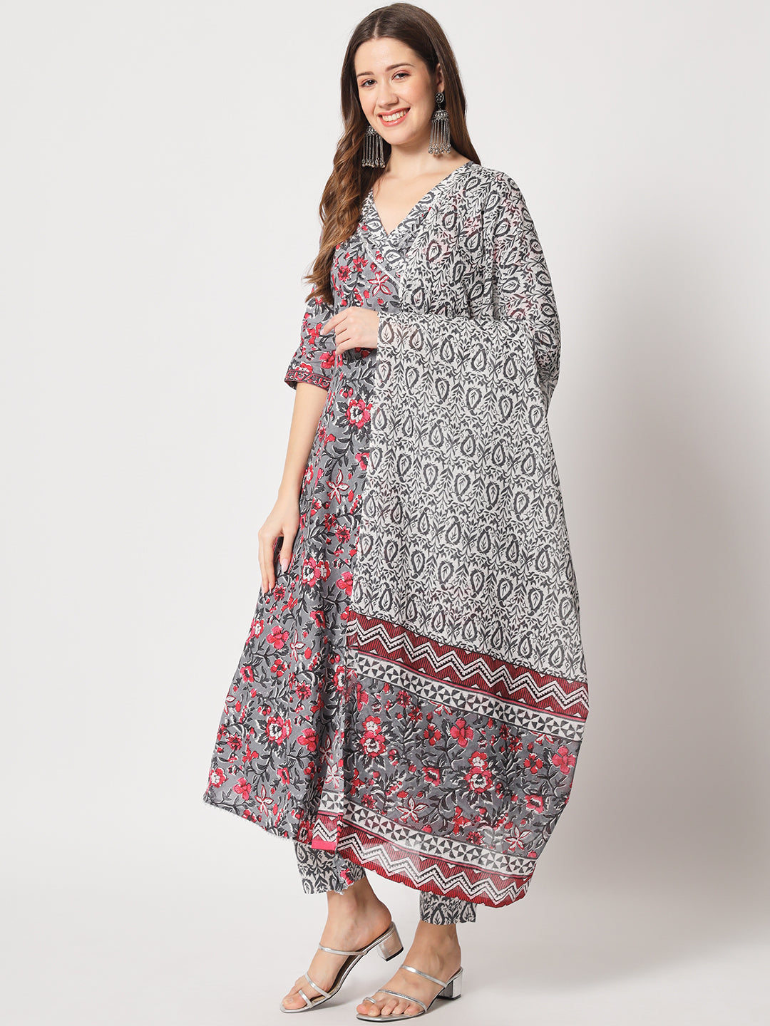 Steel Grey and Fandango Handprinted Angrakha Kurta Set