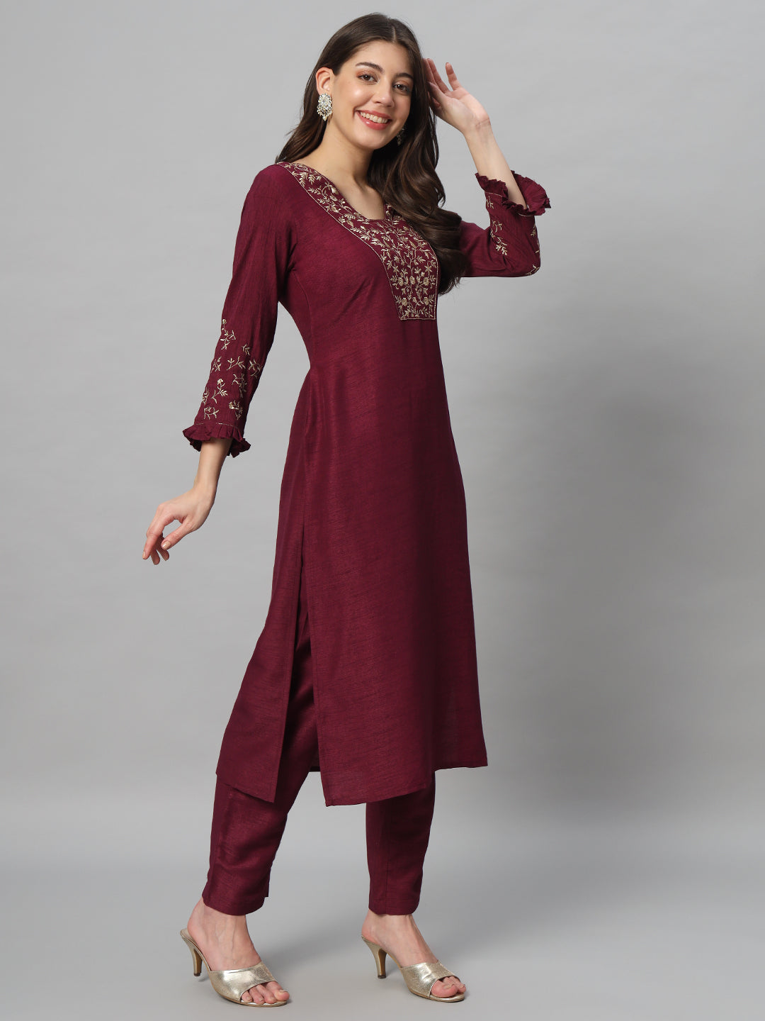 Wine Embroidery Viscose Kurta Sets