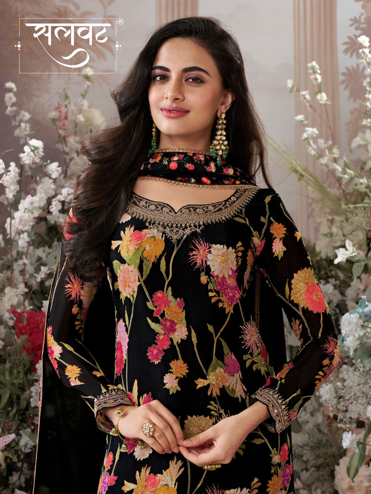 Black Chinon Sharara Set with Floral Print and Embroidery