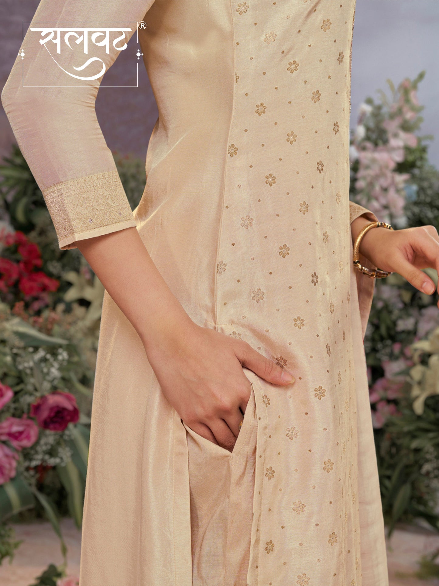 Off-White Dola Silk Kurta Set with Jacquard Detailing and Intricate Embroidery, Paired with a Cherry Silk Dupatta