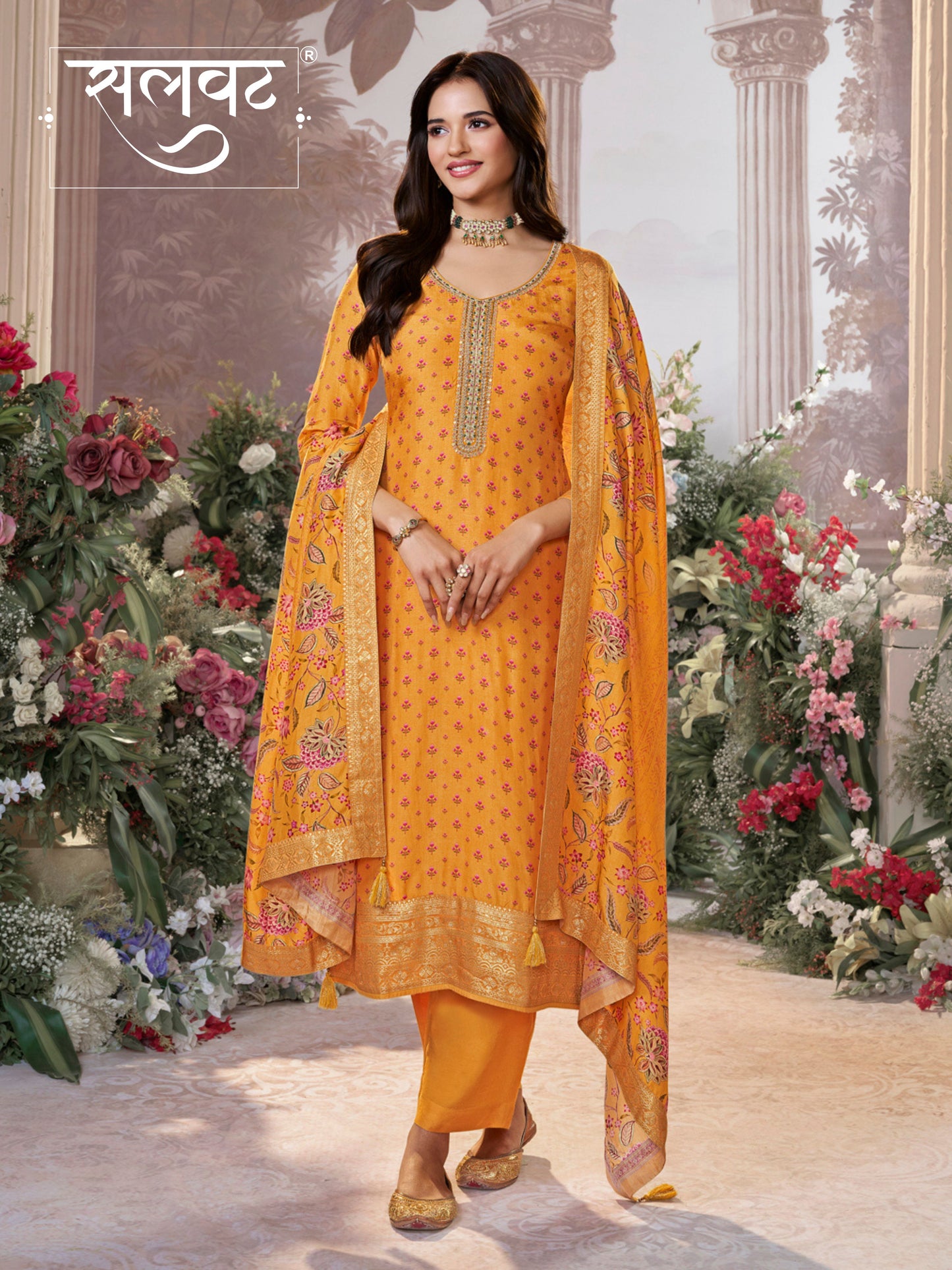 Yellow Russian Silk Kurta Set with Digital Print Work Paired with Russian Silk Digital Printed Duppatta