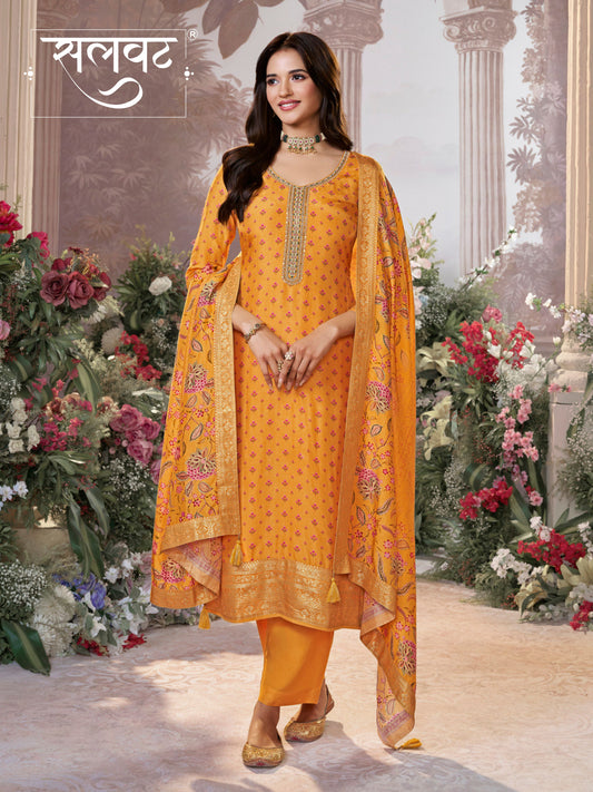 Yellow Russian Silk Kurta Set with Digital Print Work Paired with Russian Silk Digital Printed Duppatta