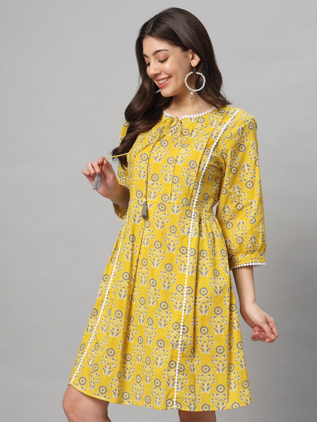 Yellow Cotton Printed Cotton Short Dress