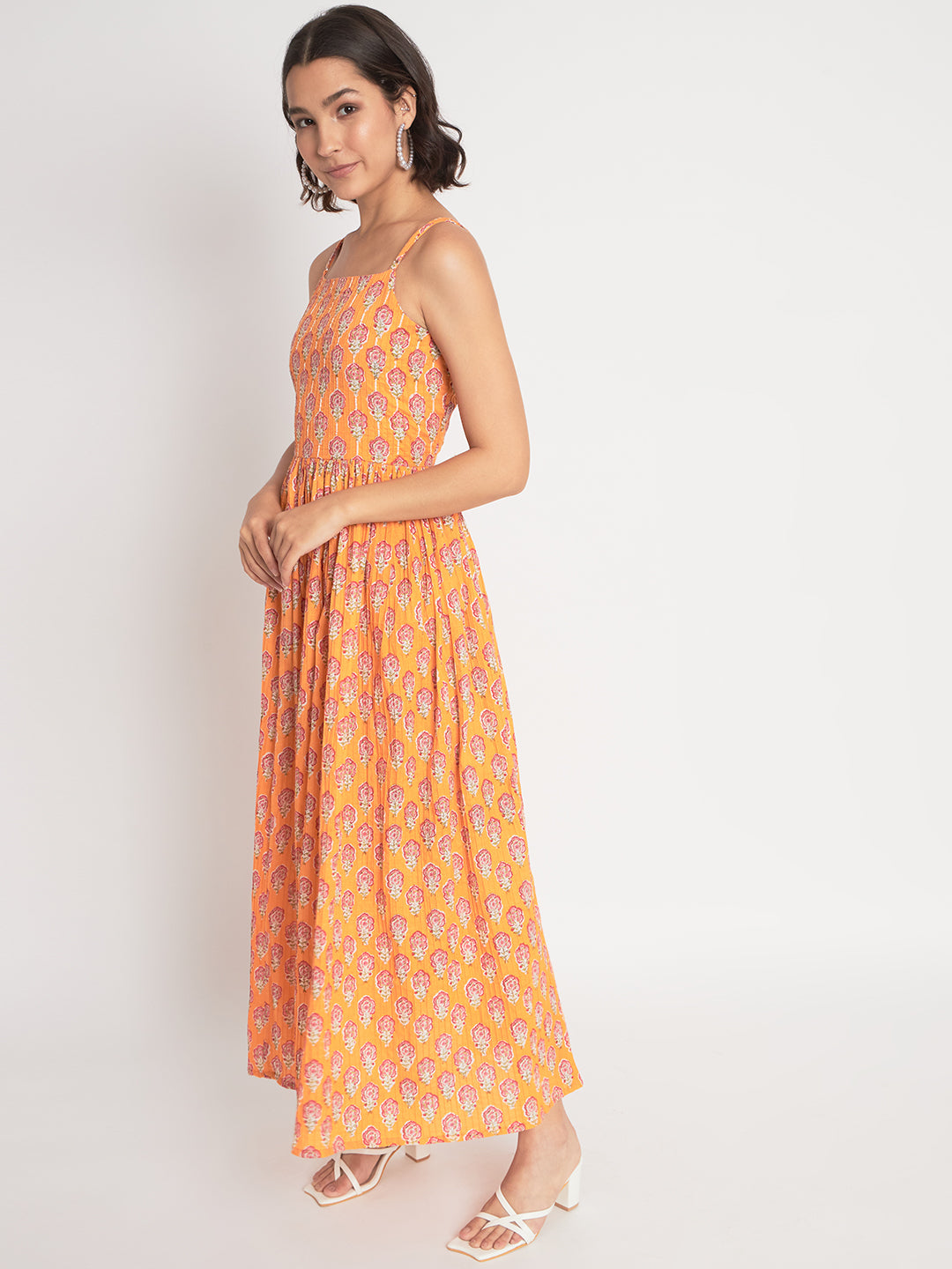 Orange Cotton Printed Long Dress