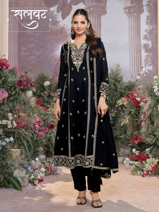 Black Vichitra Silk Kurta Suit Set with Embroidered Work Paired with Vichitra Silk Dupatta with Embroidered Work