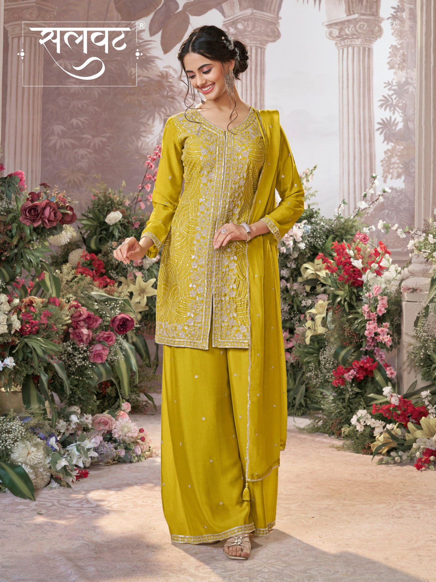 Yellow Chinon Embroidered Sharara Suit with Butti Work and Sequins Scalloped Border Dupatta