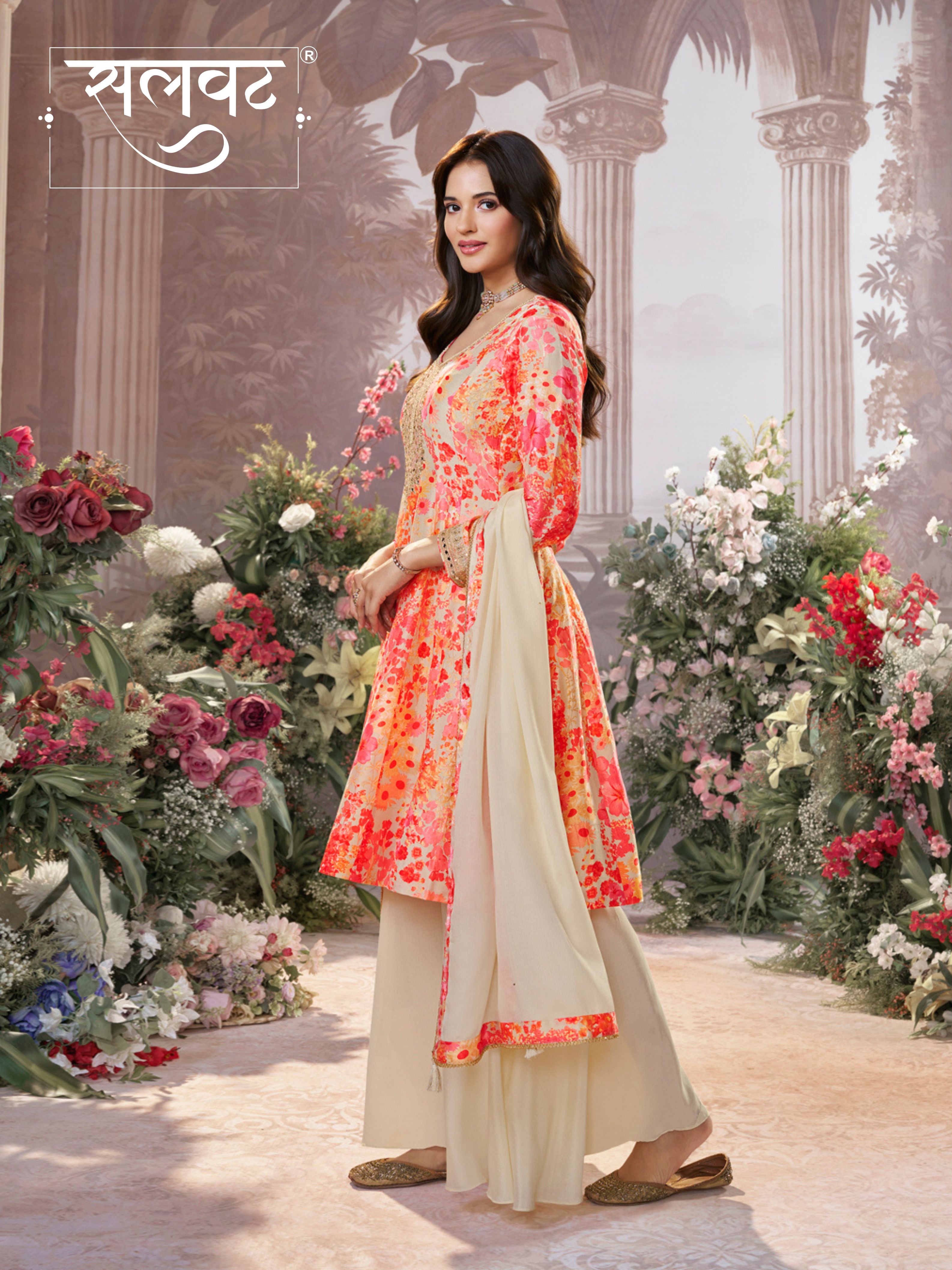 Off-White Russian Silk Mirror Work Sharara Set paired with Chinon Dupatta with Digital Printed Borders