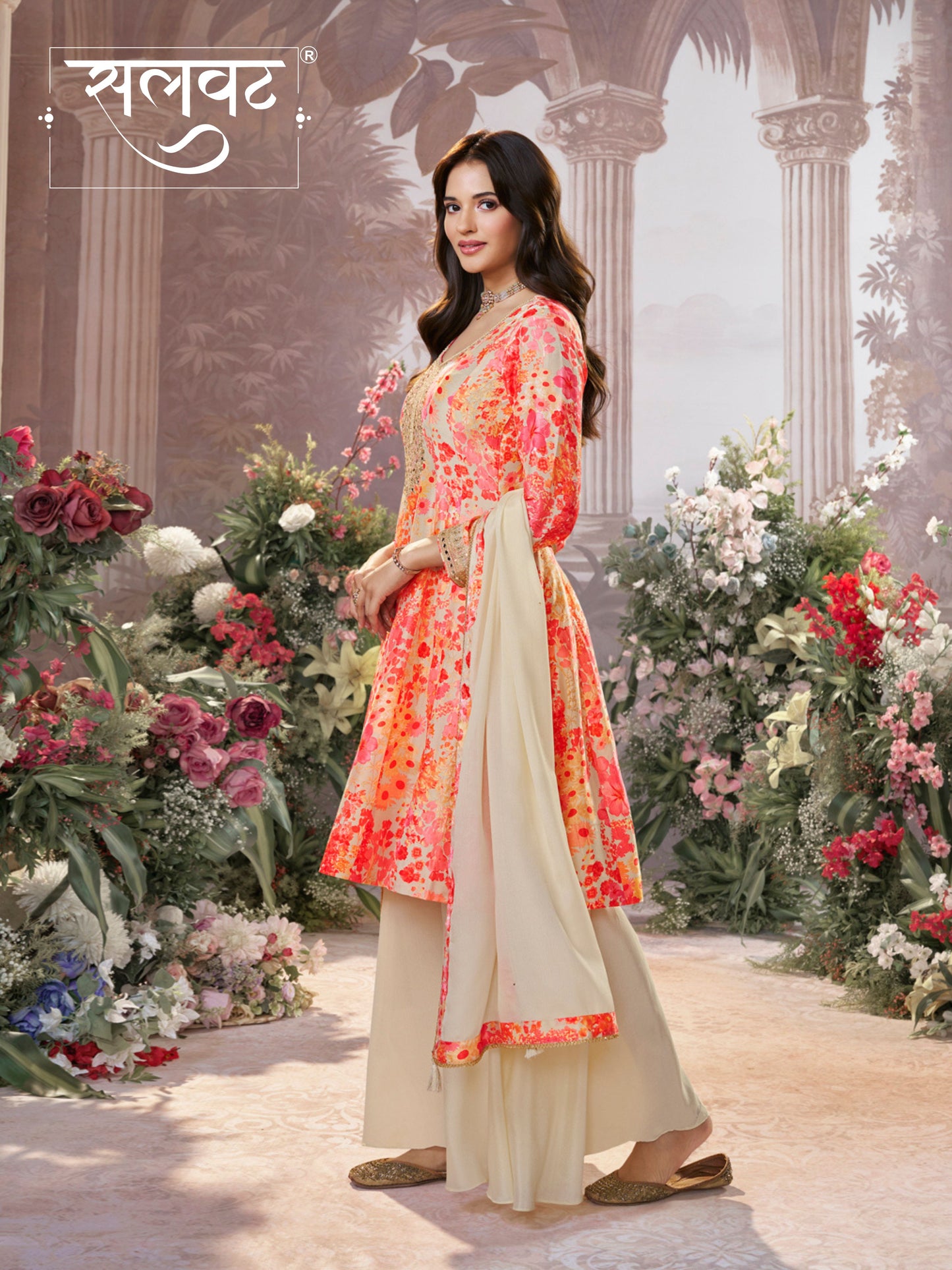 Off-White Russian Silk Mirror Work Sharara Set paired with Chinon Dupatta with Digital Printed Borders