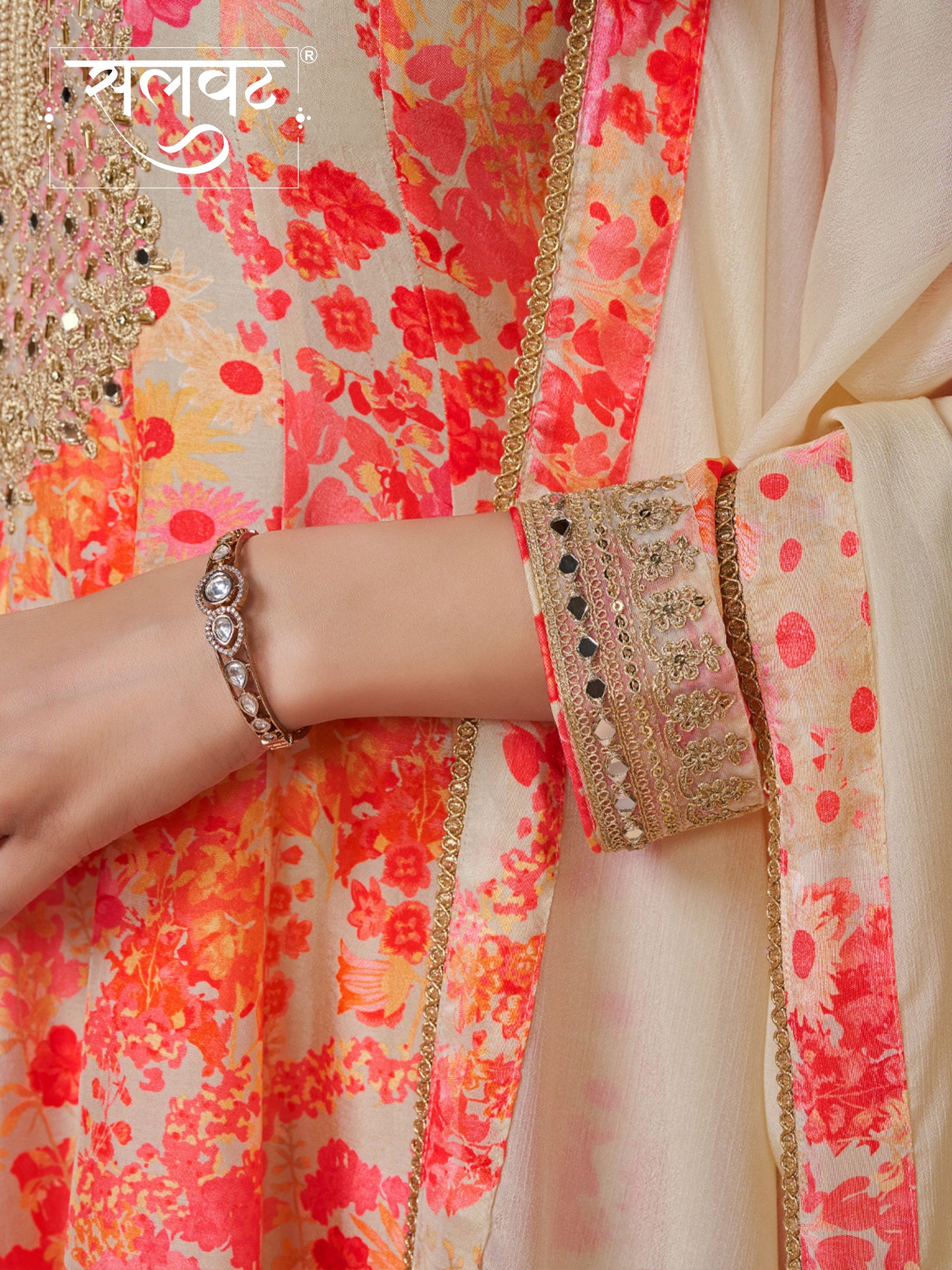 Off-White Russian Silk Mirror Work Sharara Set paired with Chinon Dupatta with Digital Printed Borders