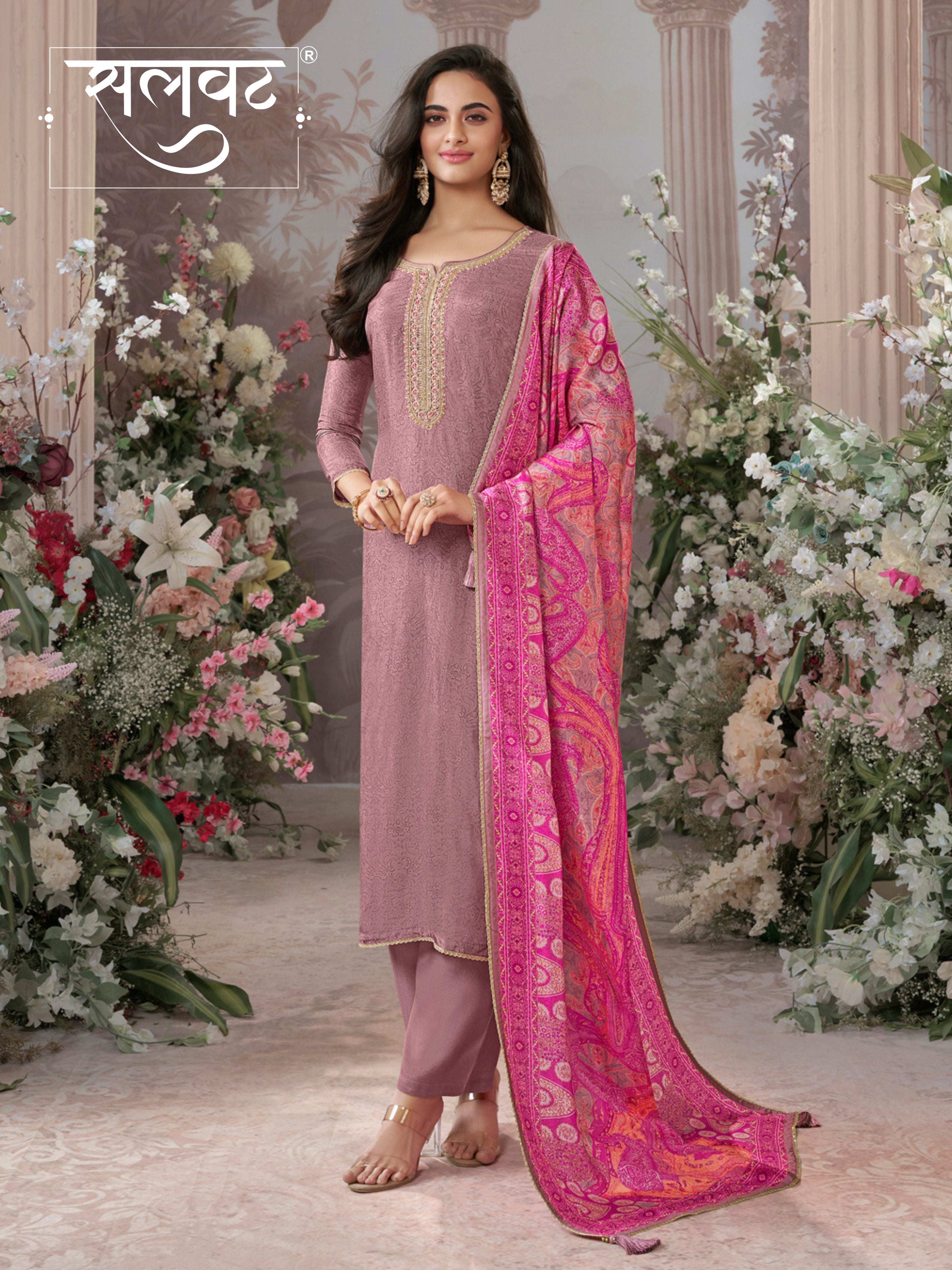 Dusty Rose Russian Silk Kurta With Digital Print Work Paired With Russian Milk Digital Print Contrast Dupatta