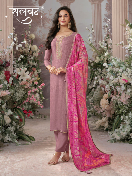 Dusty Rose Russian Silk Kurta With Digital Print Work Paired With Russian Milk Digital Print Contrast Dupatta