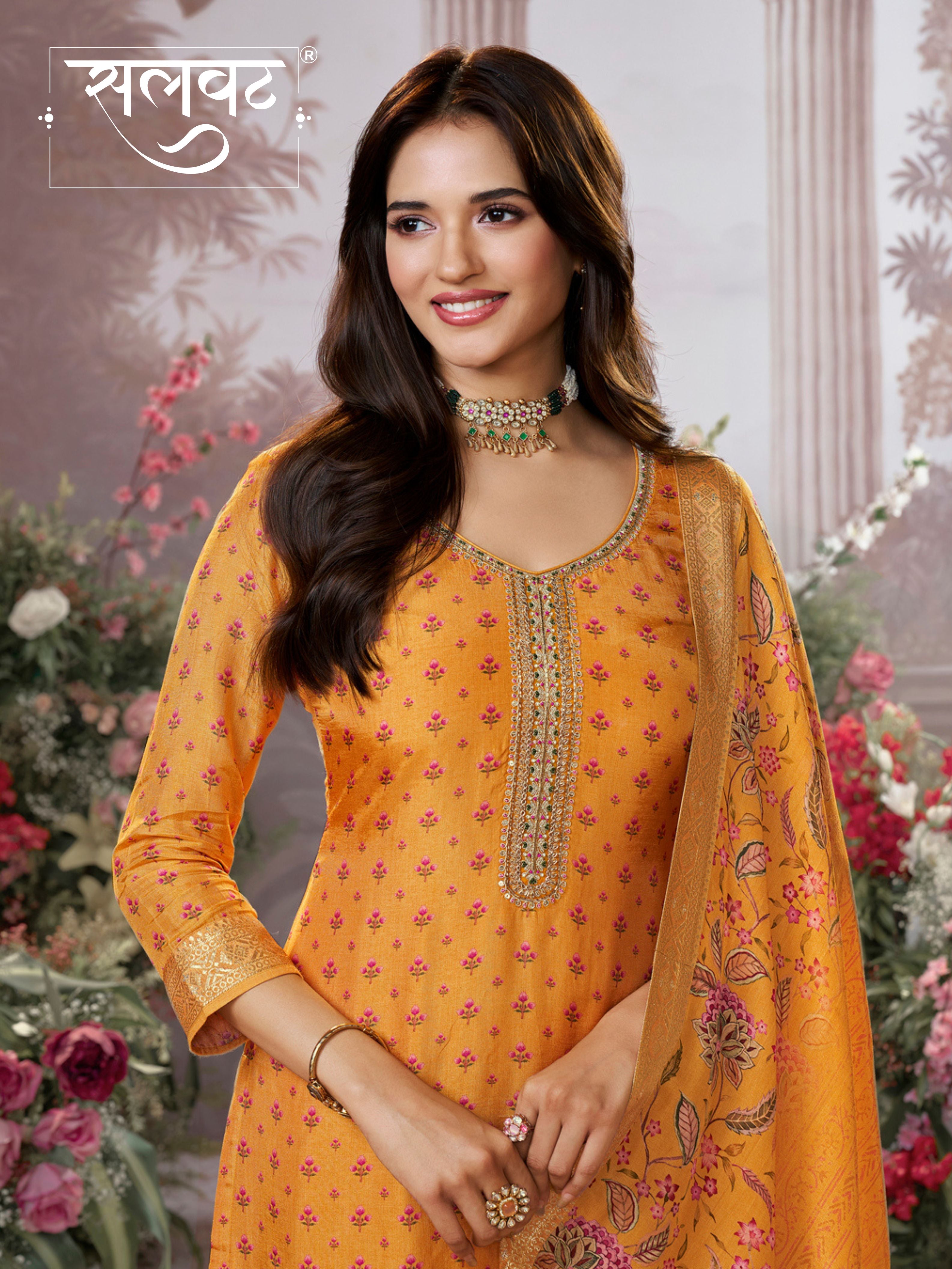 Yellow Russian Silk Kurta Set with Digital Print Work Paired with Russian Silk Digital Printed Duppatta