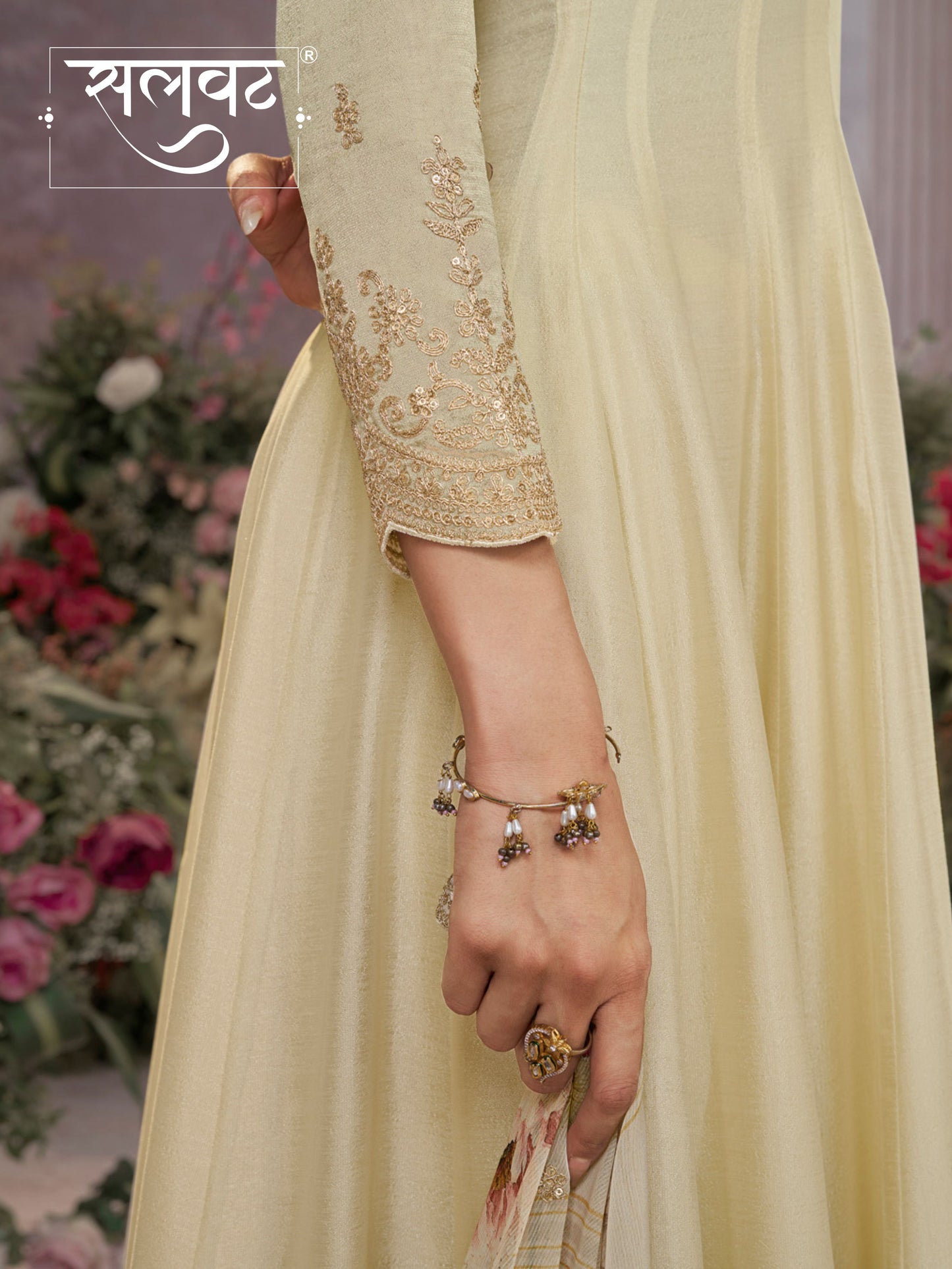 Off-White Vichitra Silk Embroidered Anarkali Set with Digital Printed Chiffon Dupatta