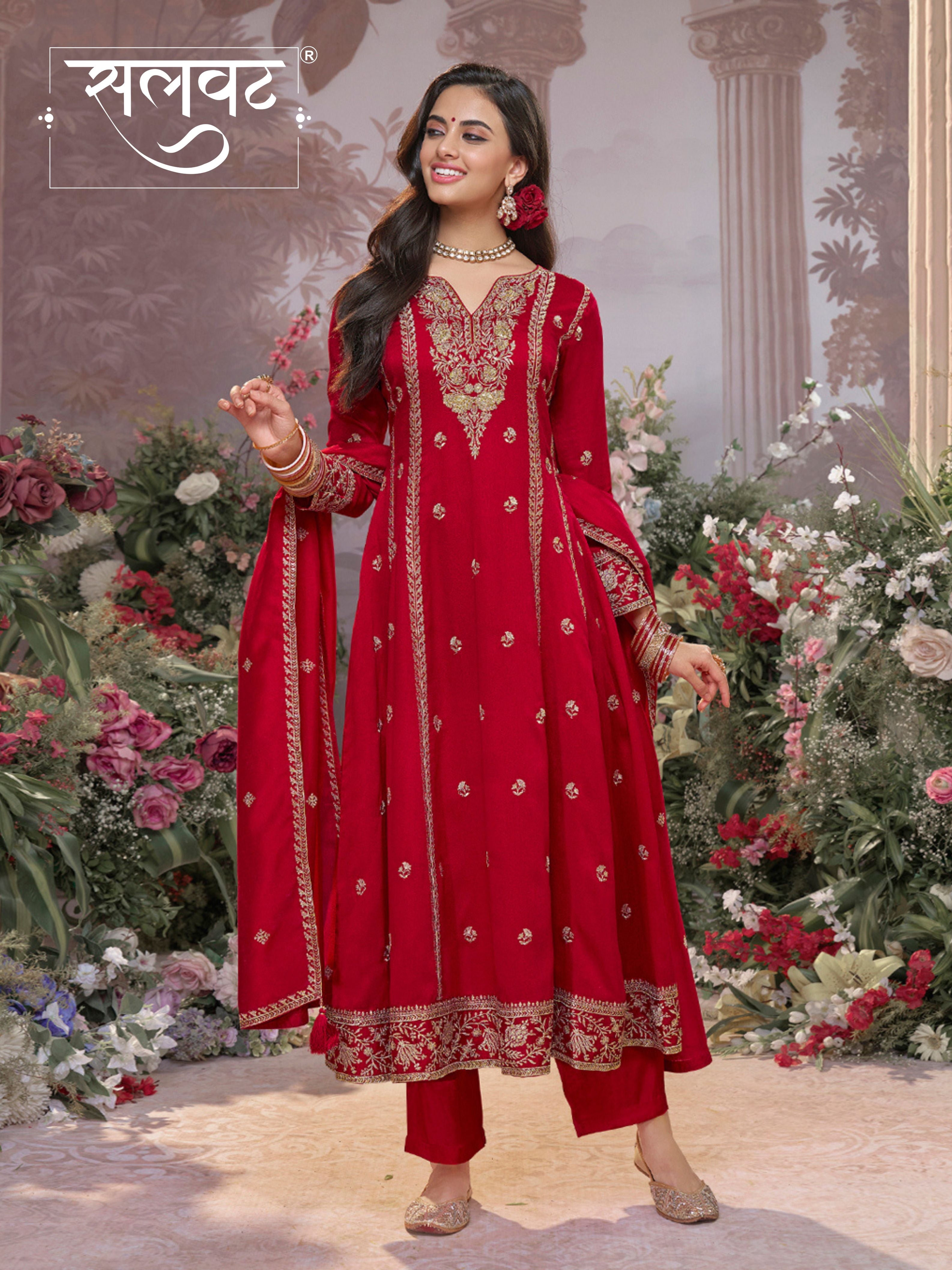 Red Vichitra Silk Kurta Suit Set with Embroidered Work Paired with Vichitra Silk Dupatta with Embroidered Work