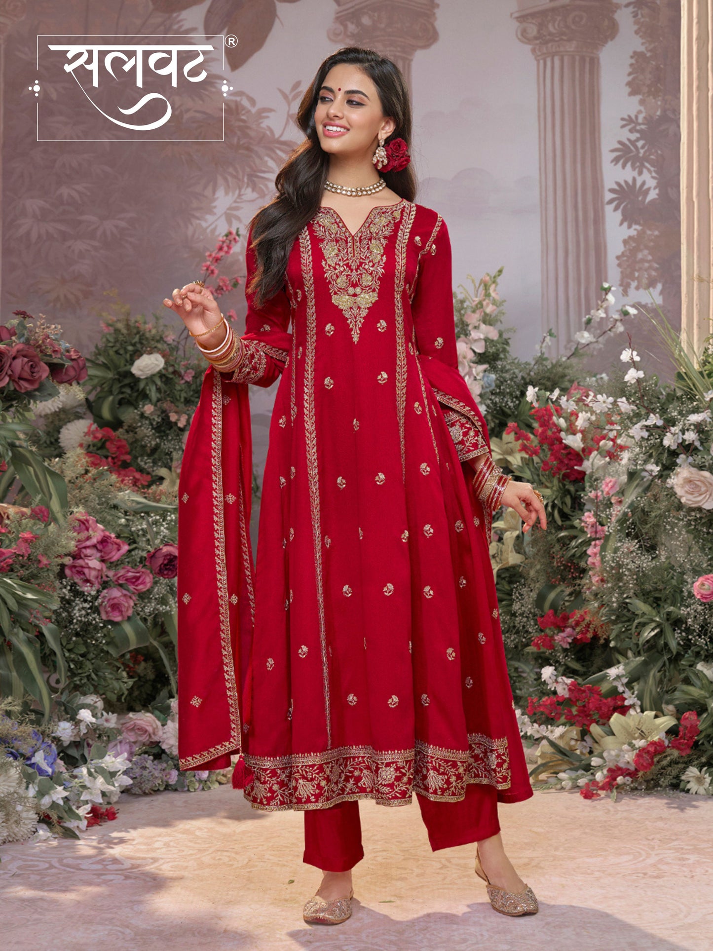Red Vichitra Silk Kurta Suit Set with Embroidered Work Paired with Vichitra Silk Dupatta with Embroidered Work