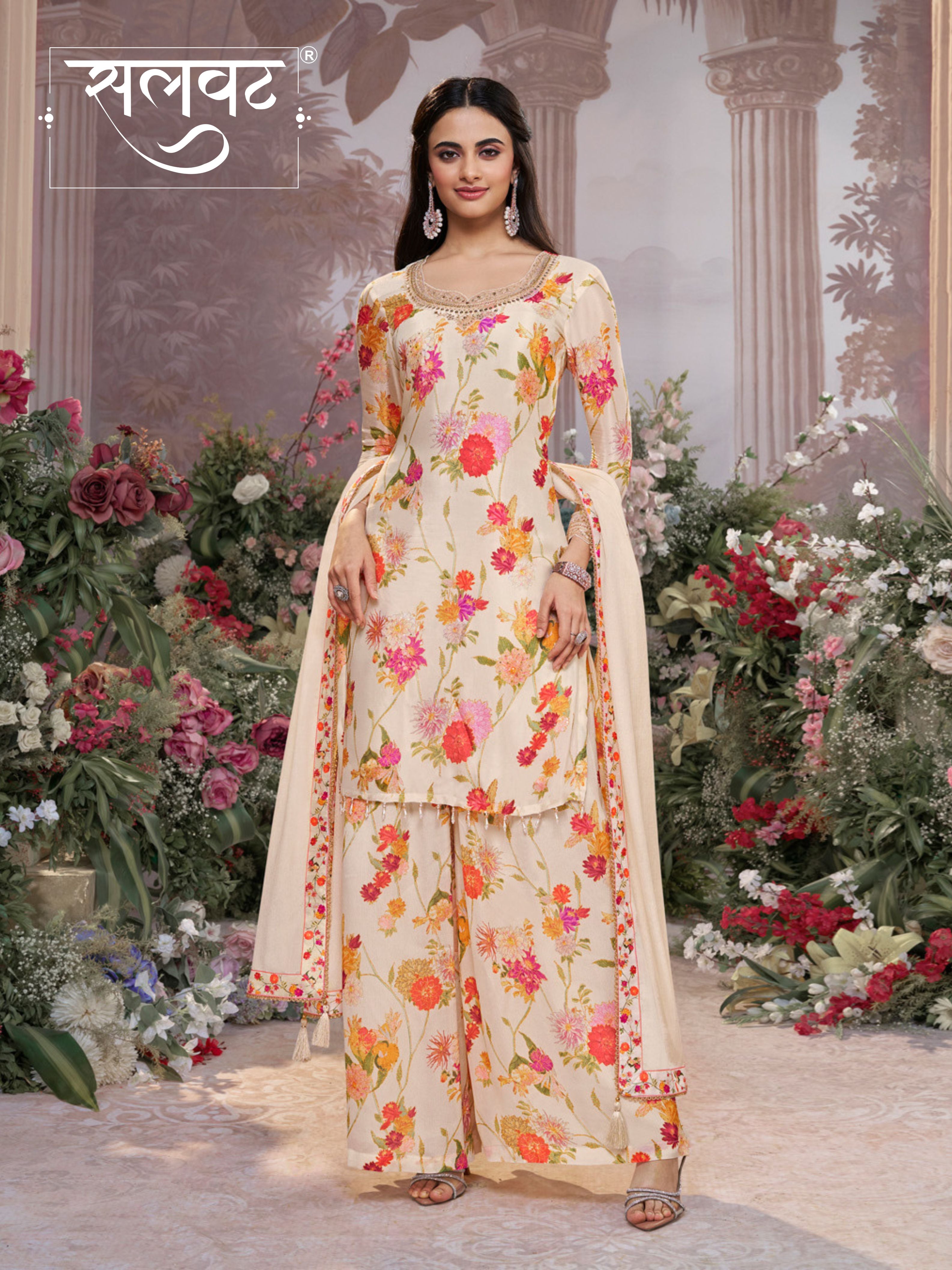 Off-White Chinon Sharara Set with Floral Print and Embroidery