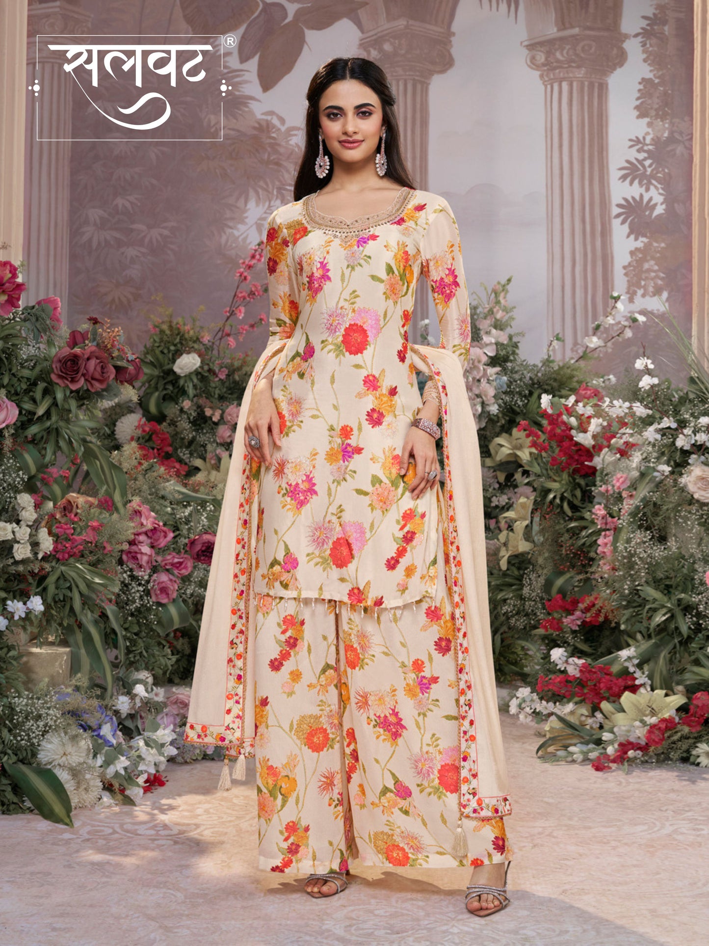 Off-White Chinon Sharara Set with Floral Print and Embroidery