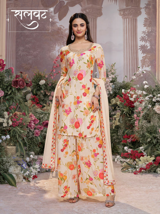 Off-White Chinon Sharara Set with Floral Print and Embroidery