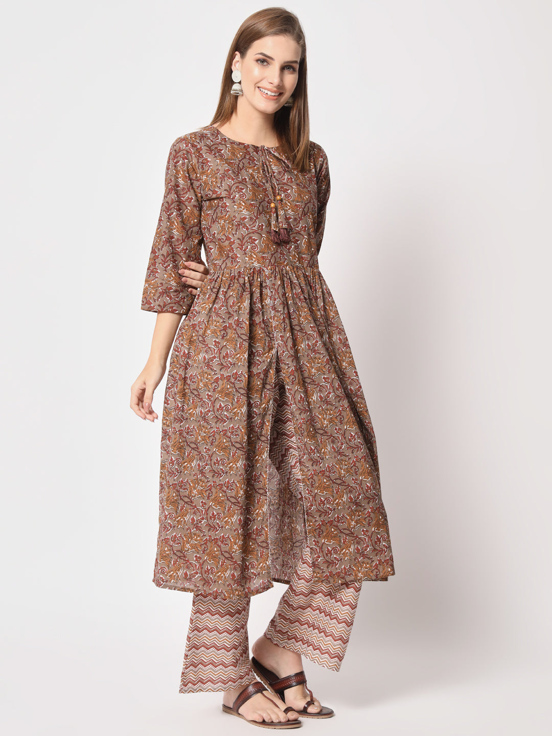 Brown Printed Everyday Cotton Kurta Set