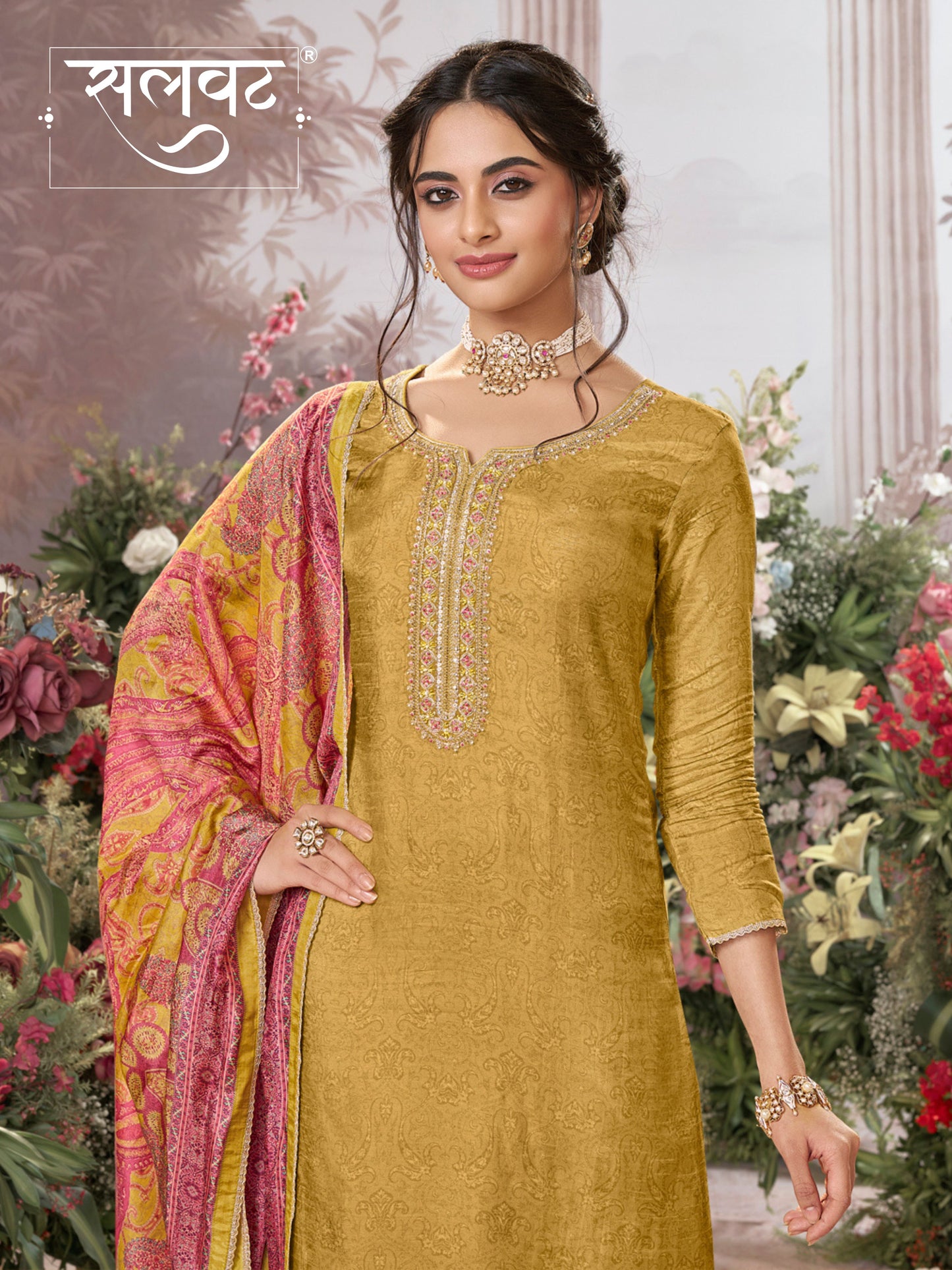 Yellow Russian Silk Kurta With Digital Print Work Paired With Russian Milk Digital Print Contrast Dupatta