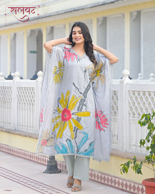 Slate Grey Abstract Printed Handwork Kaftan Set