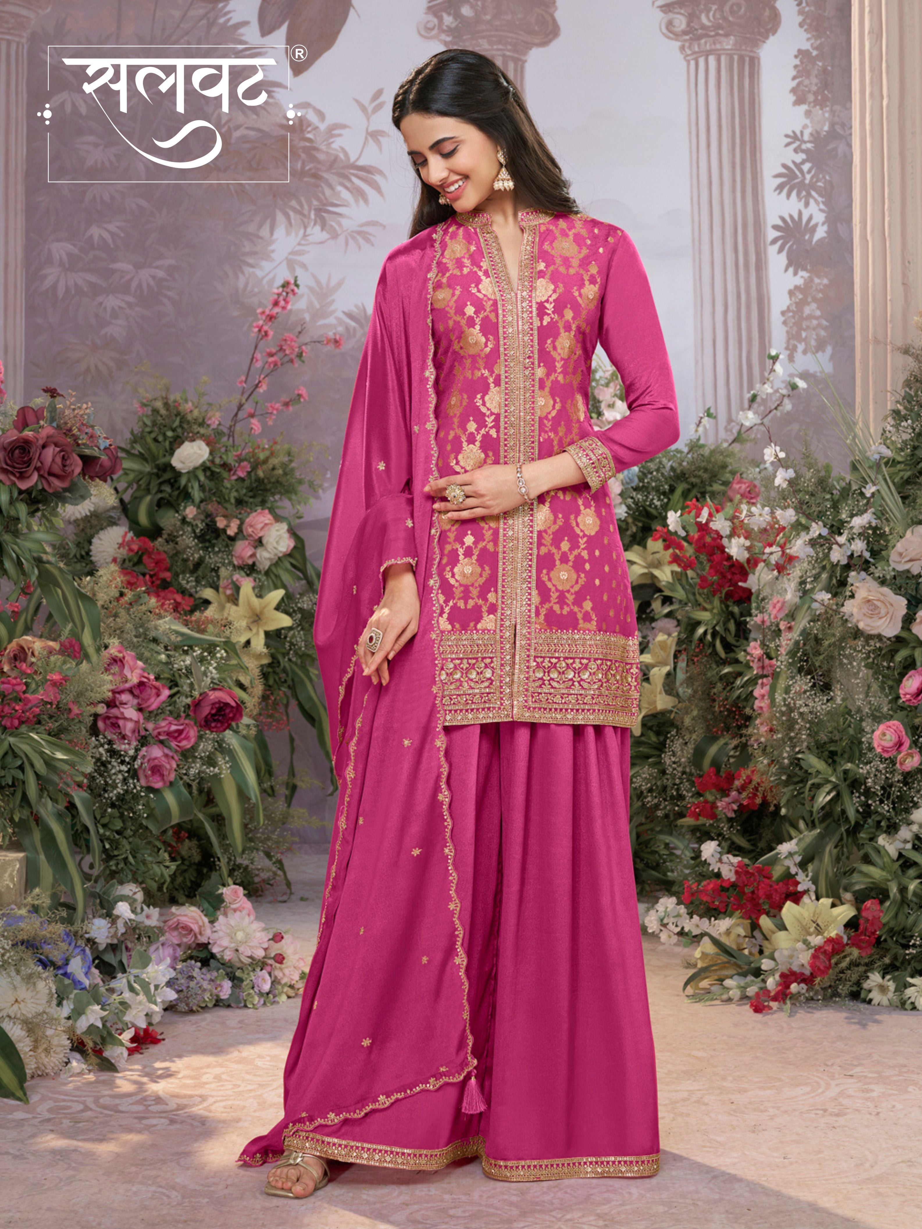 Pink Chinon Kurta Set with Heavy Jacquard Work Paired with Chinon Dupatta with Embroidered Work.