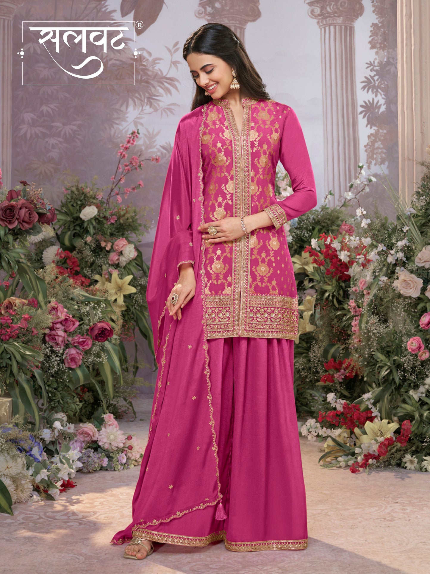 Pink Chinon Kurta Set with Heavy Jacquard Work Paired with Chinon Dupatta with Embroidered Work.