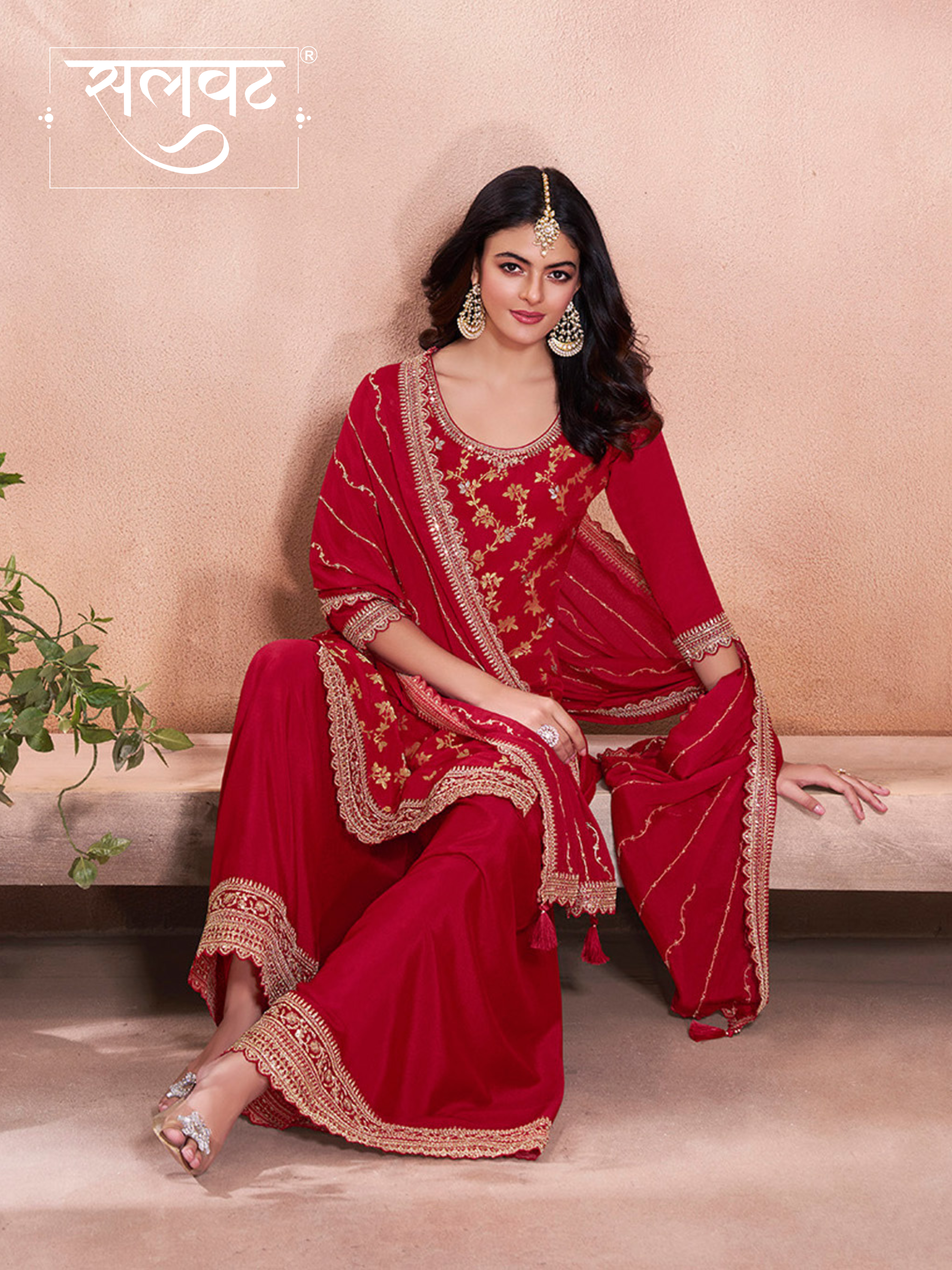 Red Jacquard Embroidery Sharara Suit Set