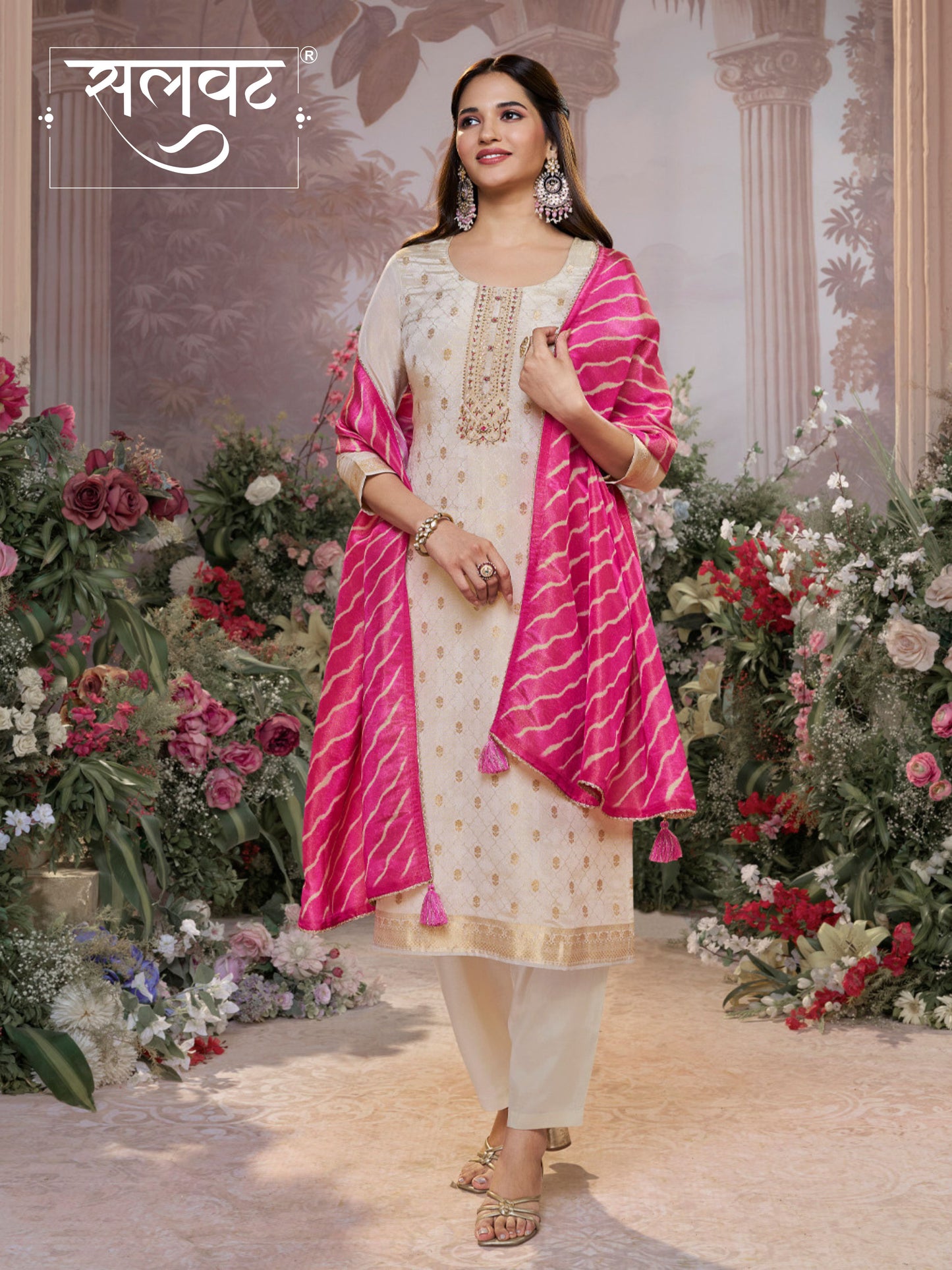 Cream Tissue Jacquard Kurta Set with Pink Contrast Digital Print Dupatta