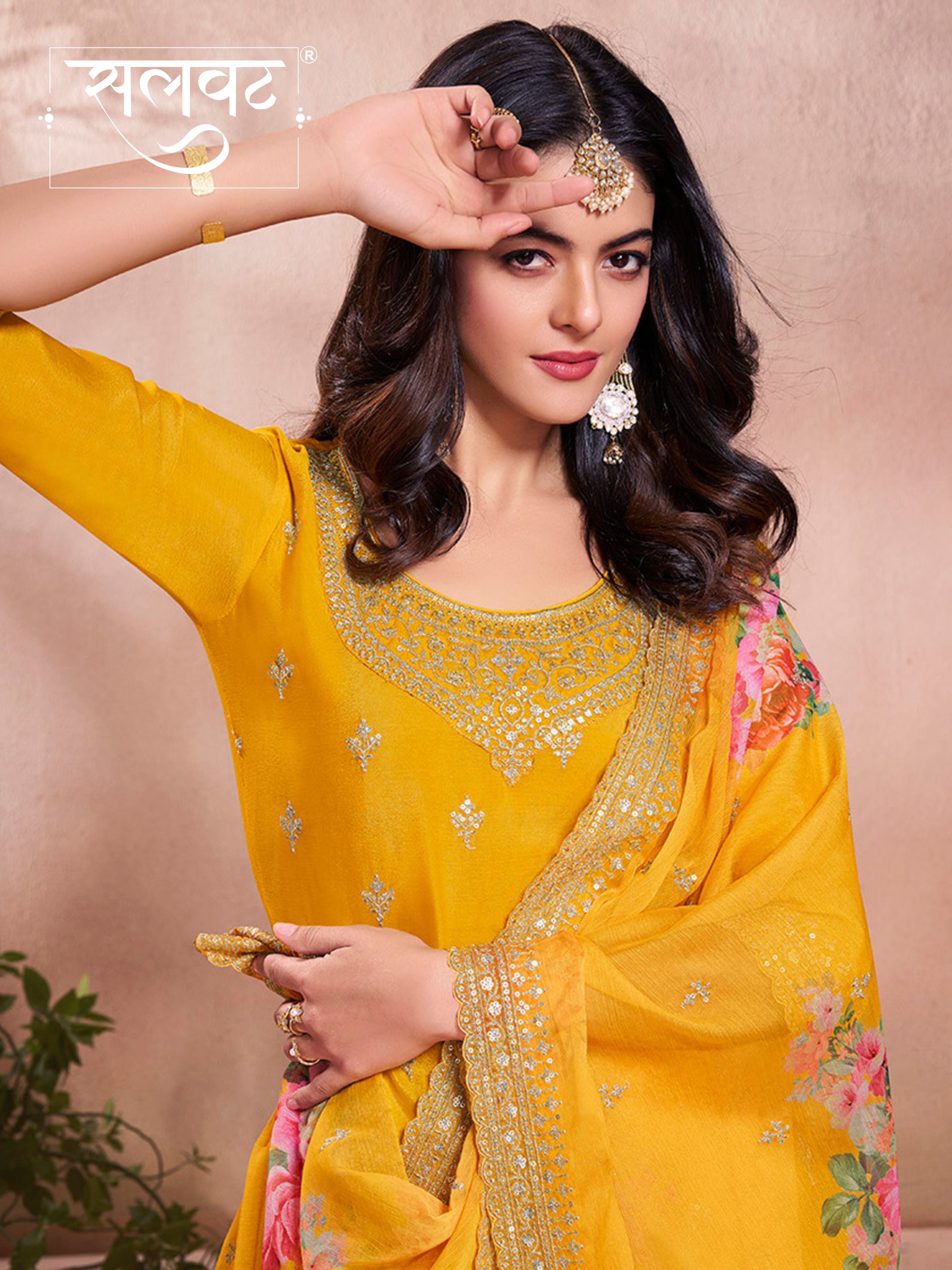 Yellow Butti Floral pattern Sequins Embroidered Sharara Suit Set