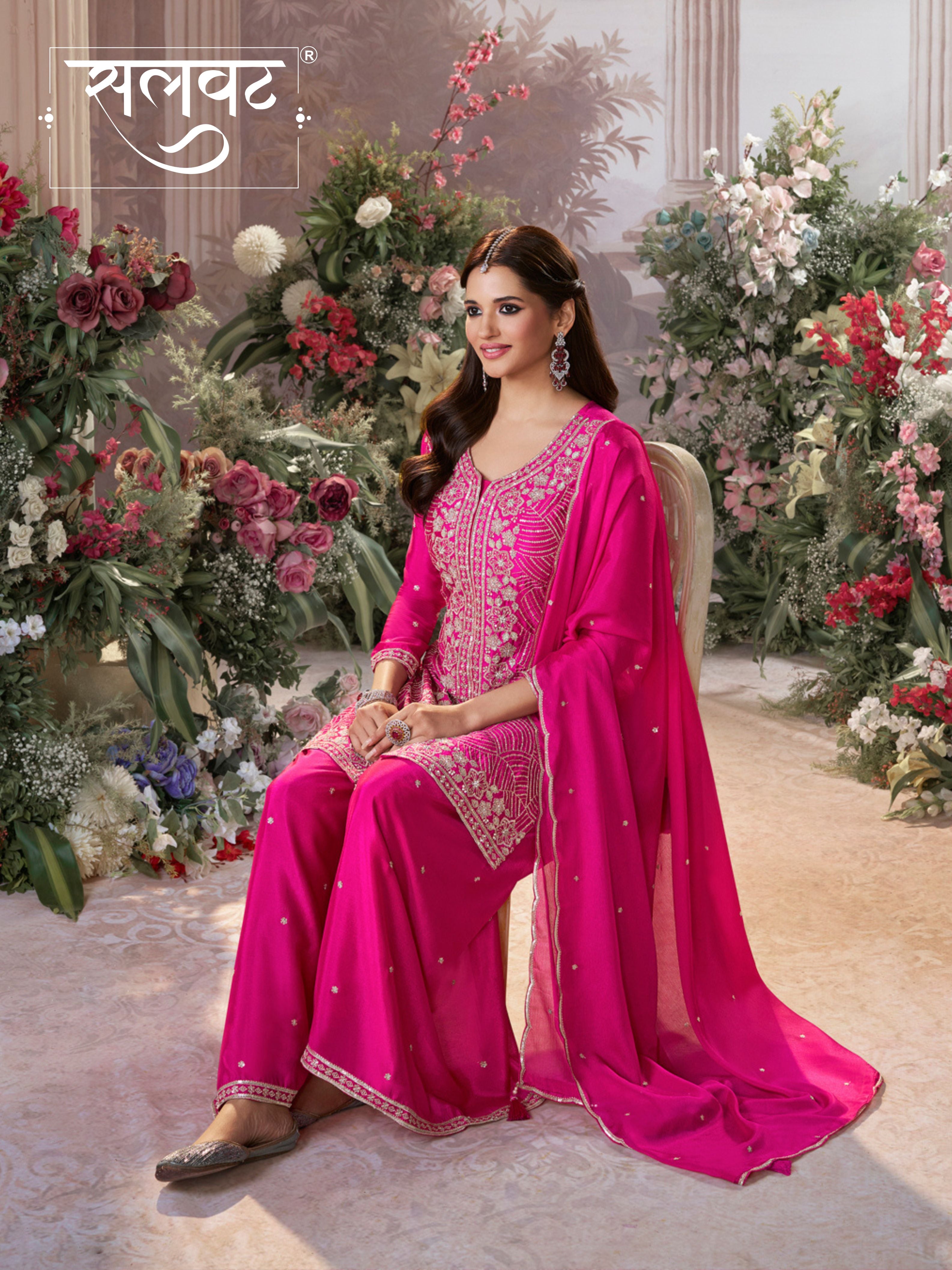 Pink Chinon Embroidered Sharara Suit with Butti Work and Sequins Scalloped Border Dupatta