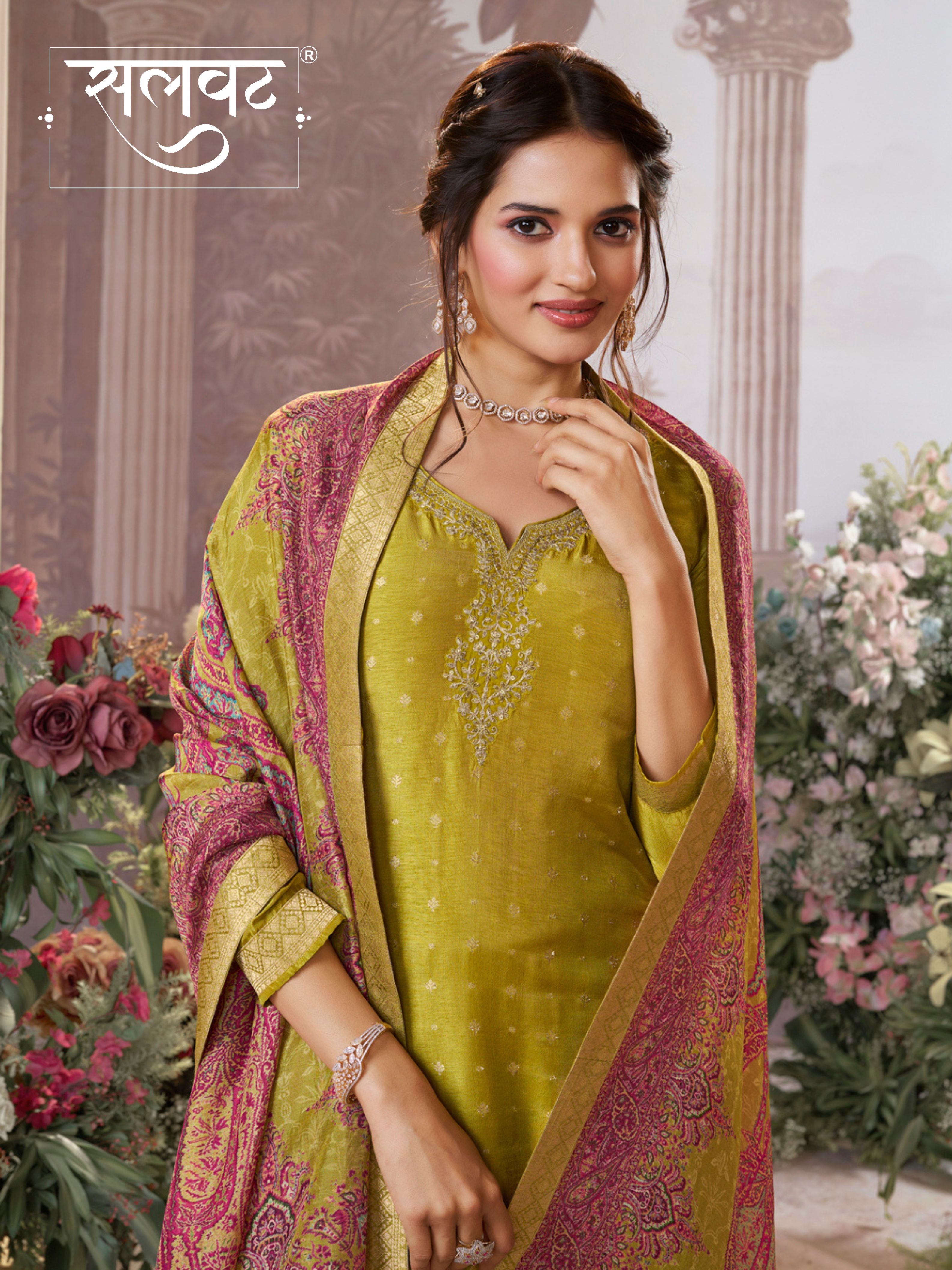 Yellow Dola Silk Kurta Set with Jacquard Detailing and Intricate Embroidery, Paired with a Cherry Silk Dupatta