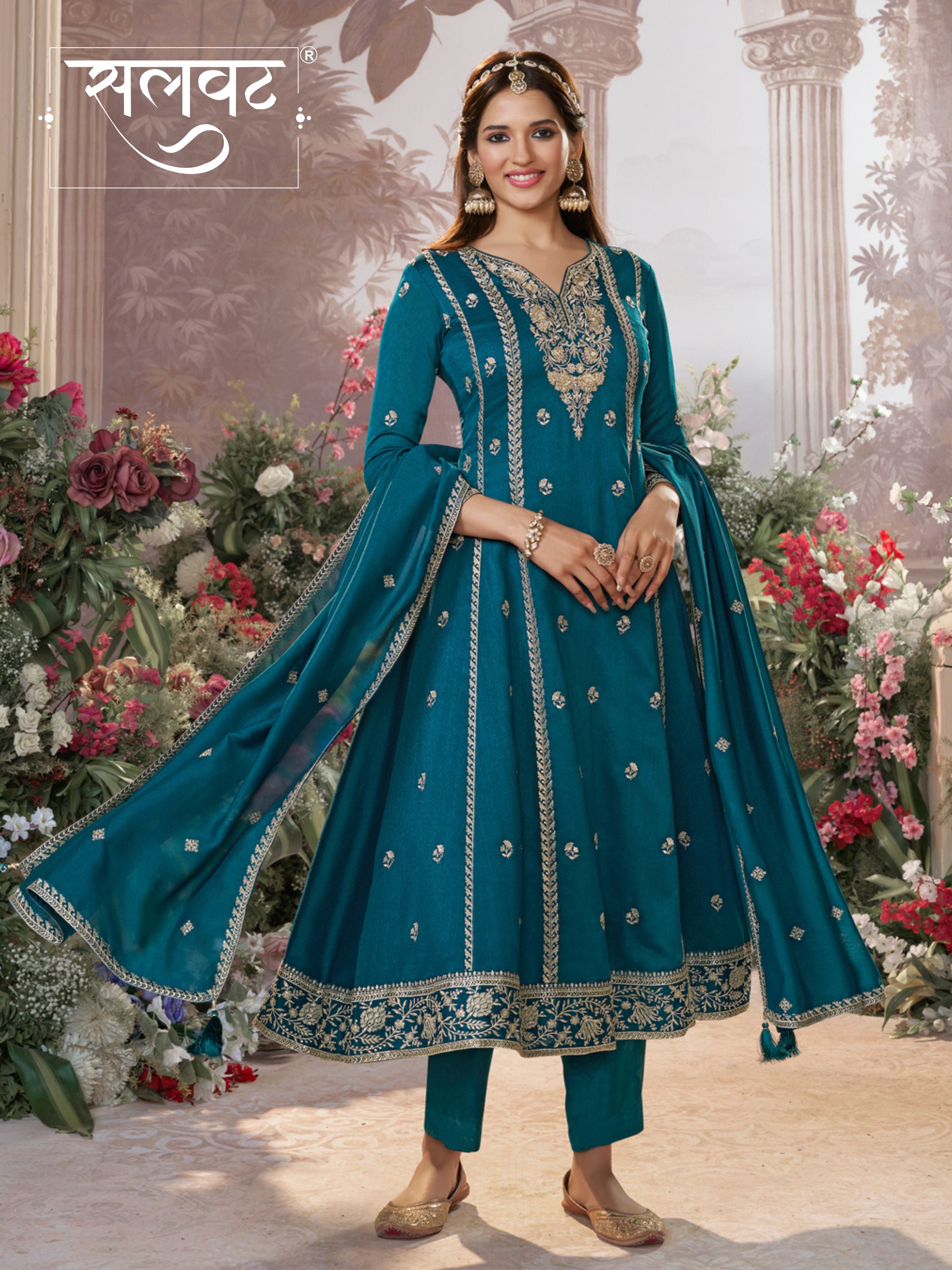 Blue Vichitra Silk Kurta Suit Set with Embroidered Work Paired with Vichitra Silk Dupatta with Embroidered Work