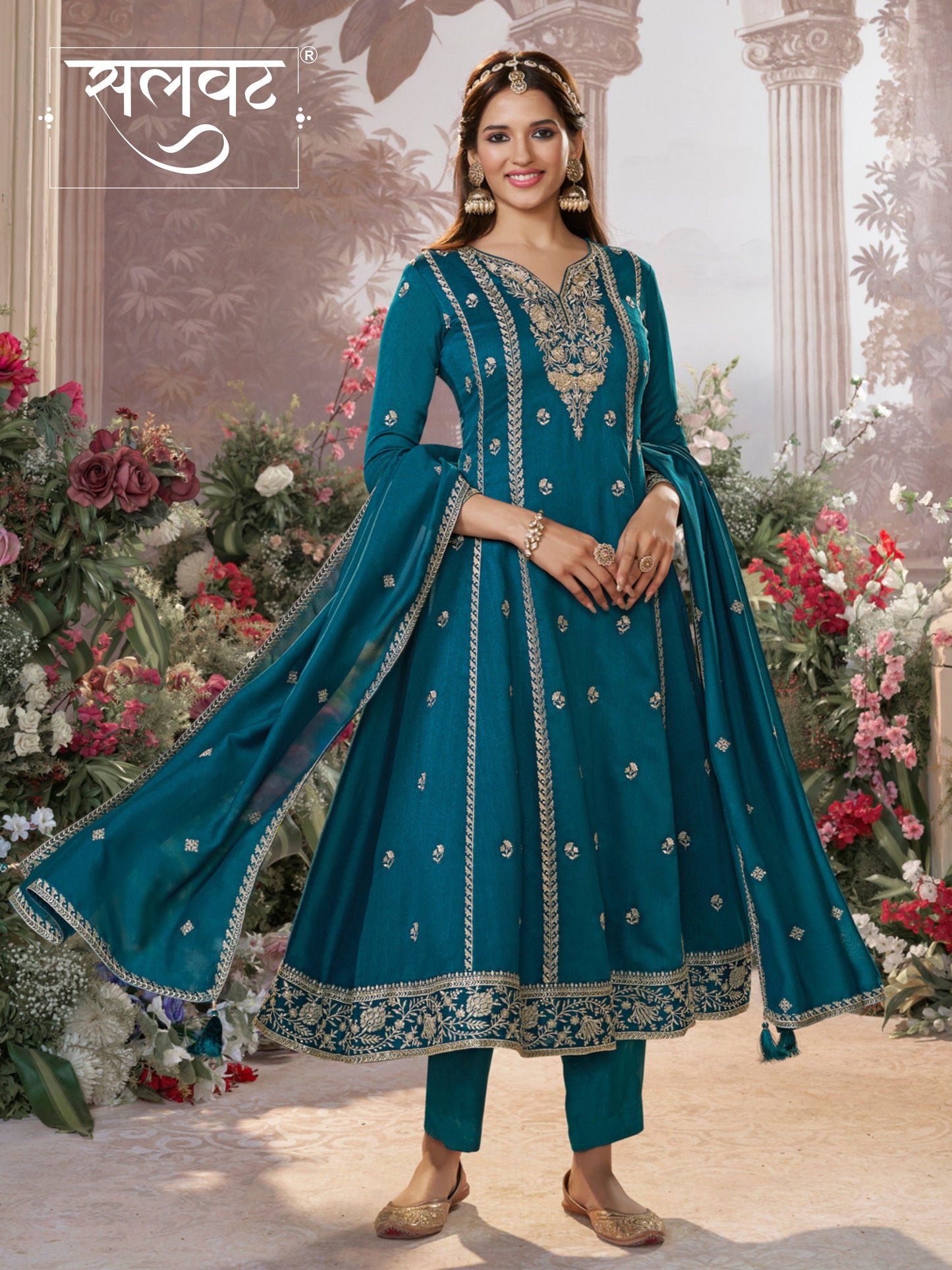 Blue Vichitra Silk Kurta Suit Set with Embroidered Work Paired with Vichitra Silk Dupatta with Embroidered Work
