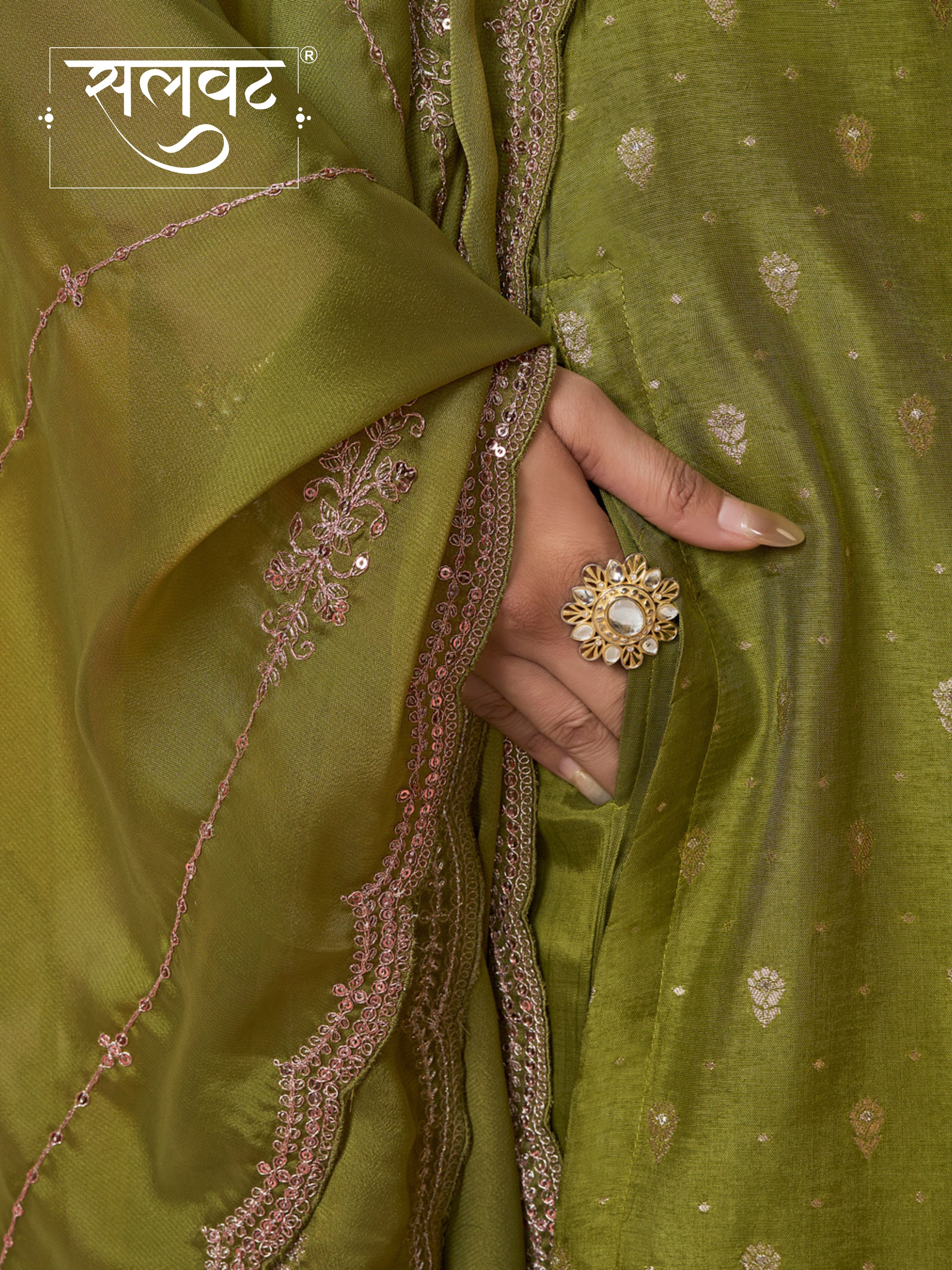 Olive Dola Silk Fabric Kurta with Embroidered & Jacquard Work Paired with Rangoli Fabric Dupatta with Patterned Sequins Work.