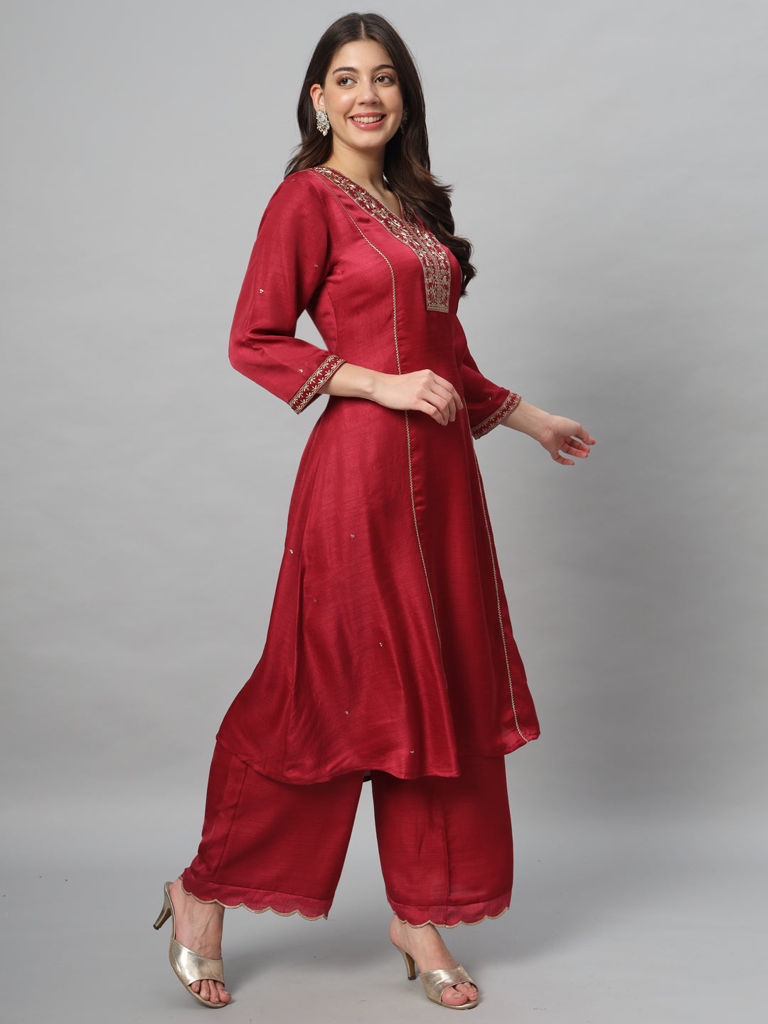 Maroon Embroidery Viscose Kurta Sets