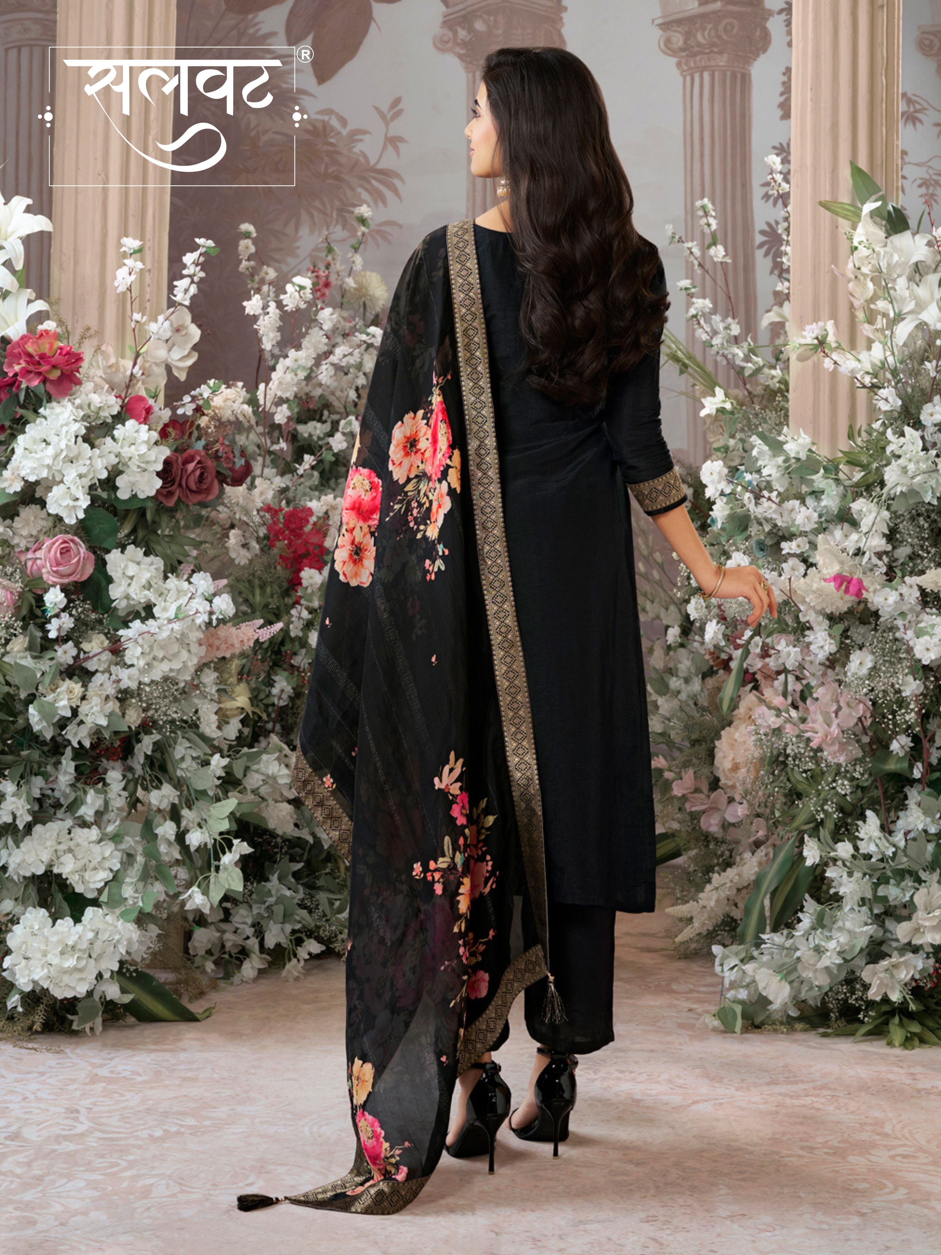 Black Dola Silk Kurta Set with Jacquard Detailing and Intricate Embroidery, Paired with a Cherry Silk Dupatta