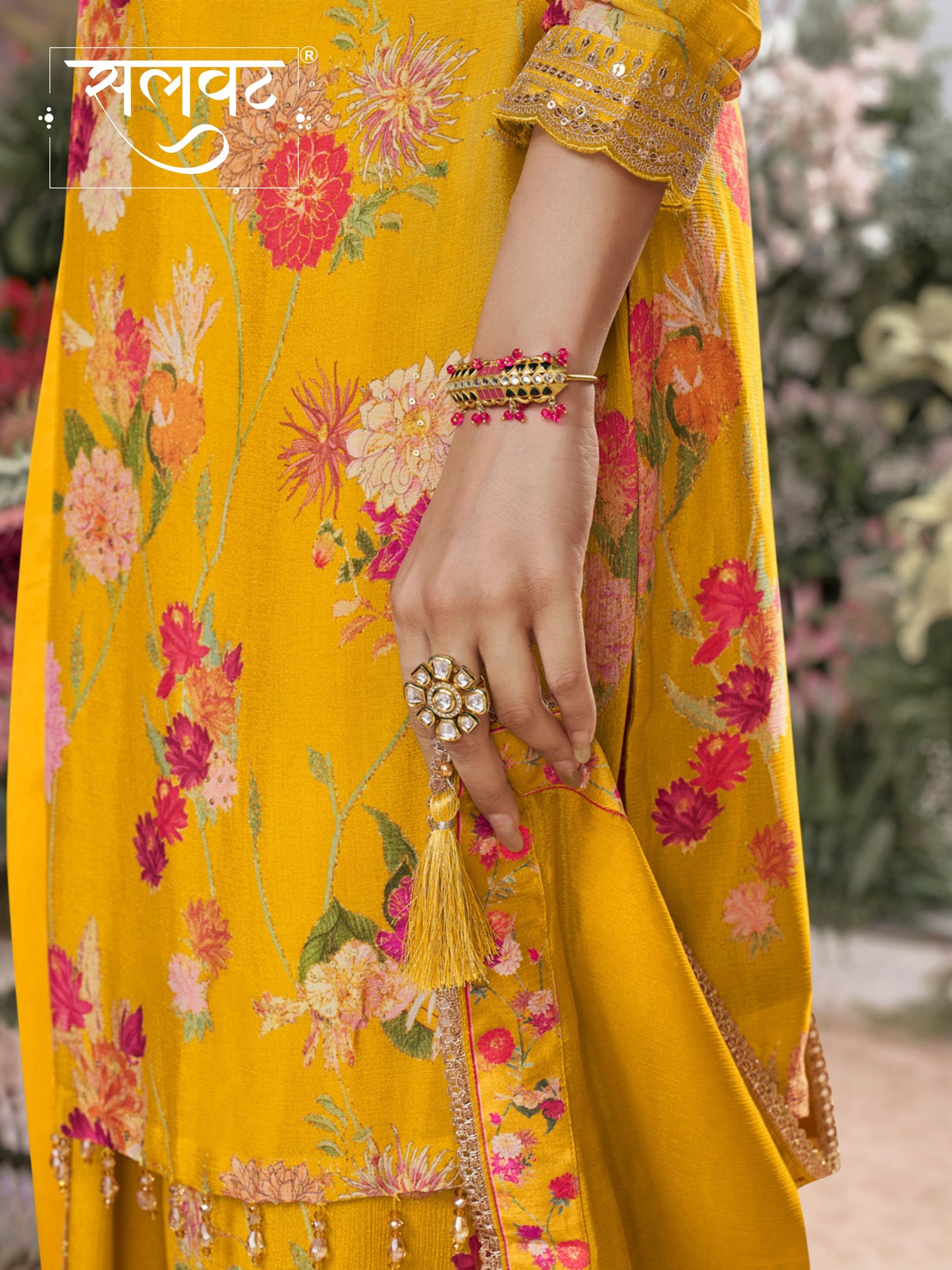 Yellow Chinon Sharara Set with Floral Print and Embroidery