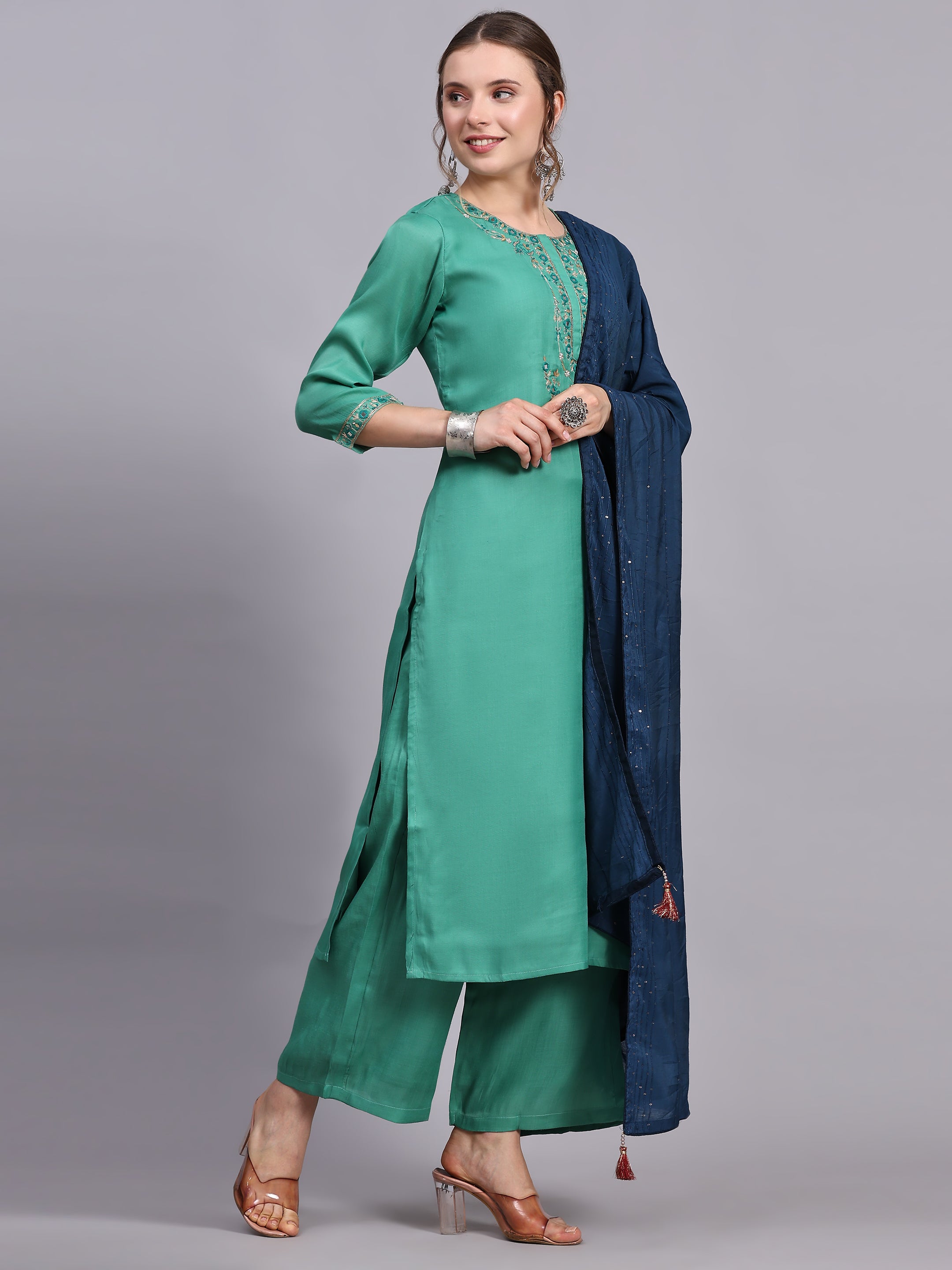 Green Embroidery Viscose Kurta Sets