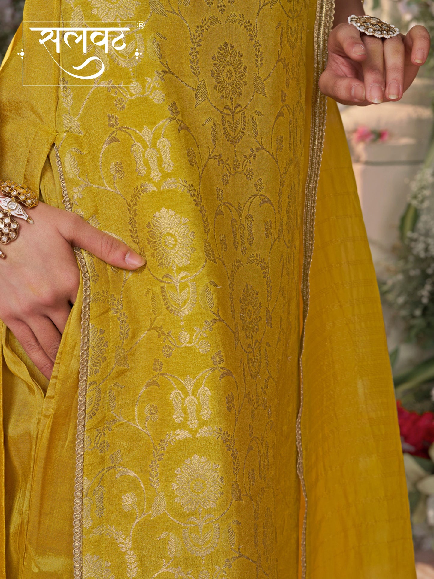 Yellow Chinon Kurta Set with Jacquard and Zari Work, Paired with an Organza Dupatta