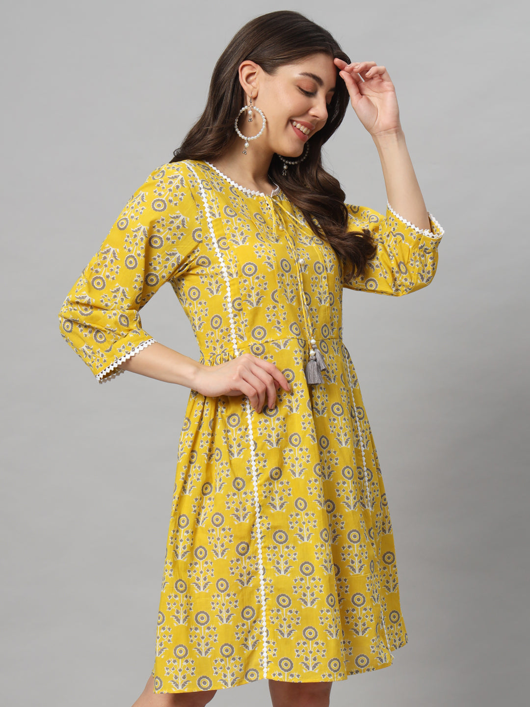 Yellow Cotton Printed Cotton Short Dress